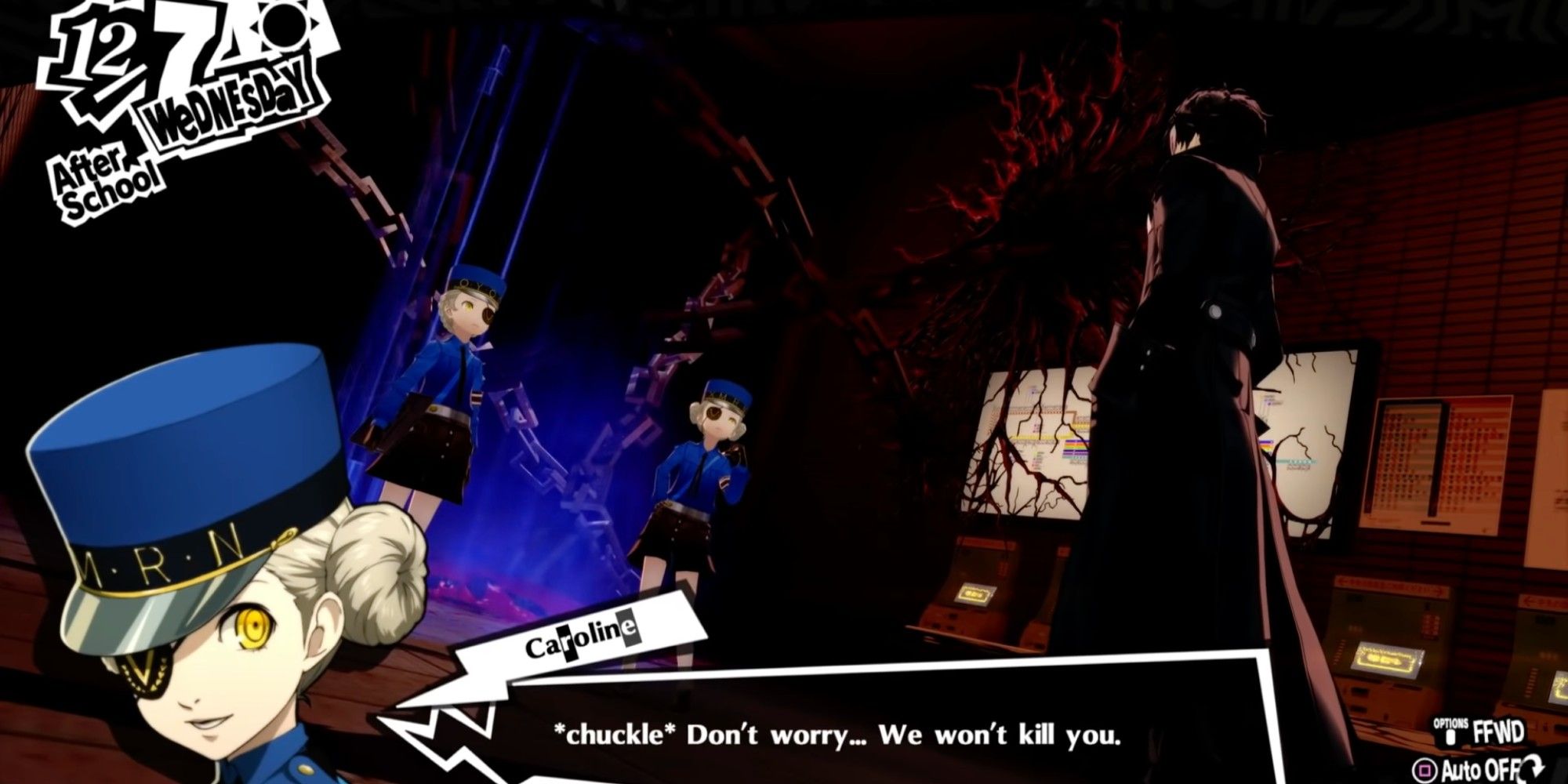 Twin Wardens are talking to Joker while standing in front of the door to the velvet room- Persona 5