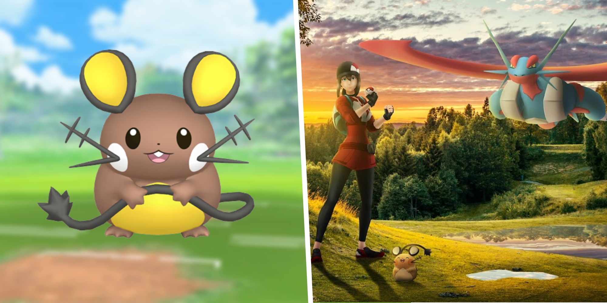 Image of Shiny Dedenne split with an image of a Pokemon Go Trainer with Mega Salamence and Dedenne