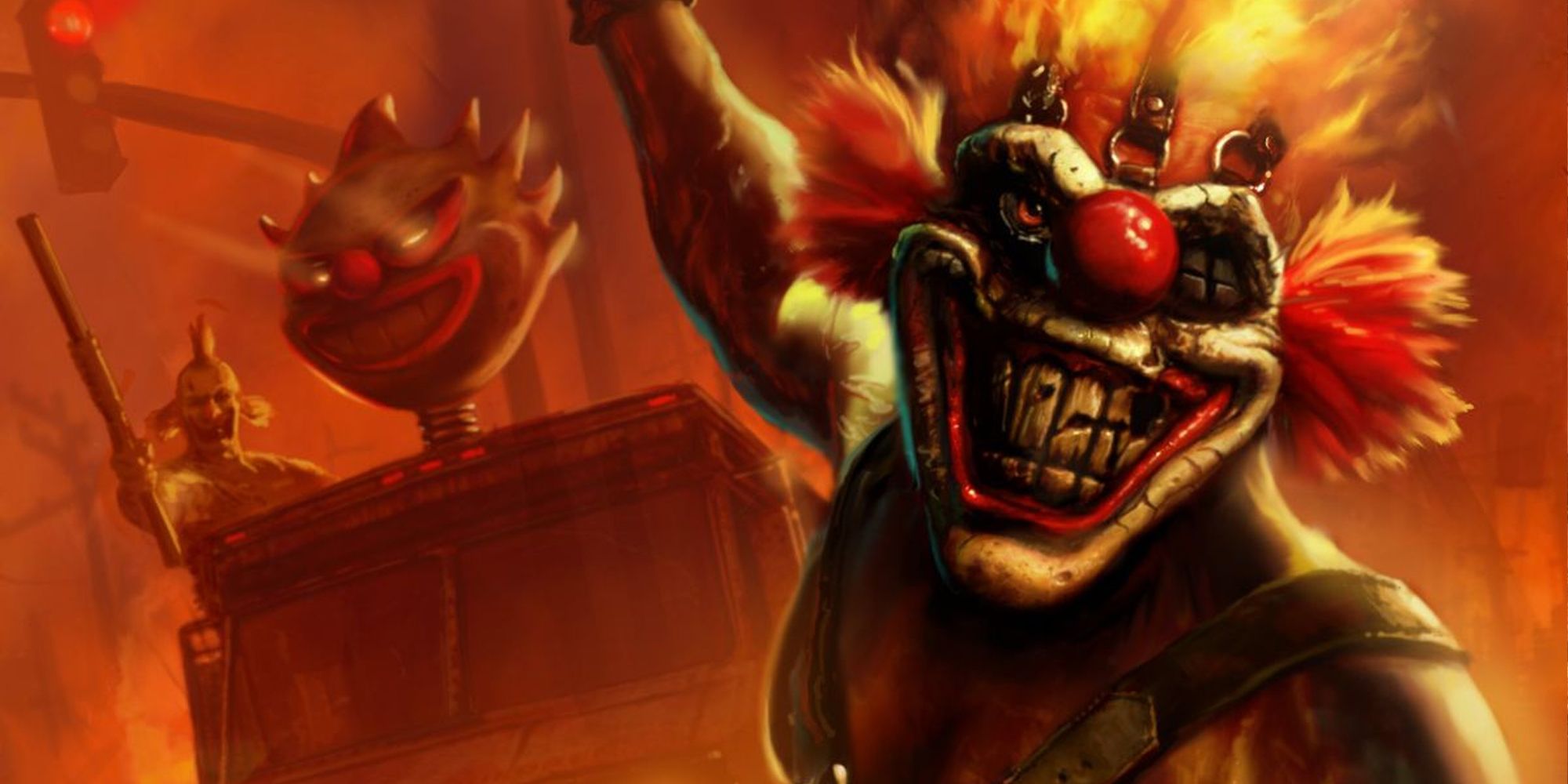 Twisted Metal clown running toward the camera with a clown truck following behind him
