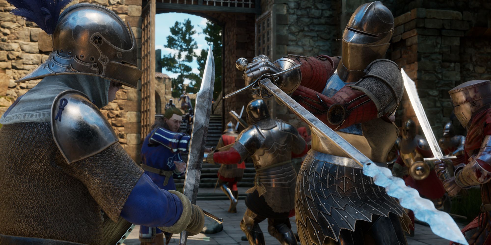 Two armour-clad soldiers in a sword fight amidst a battle in Mordhau