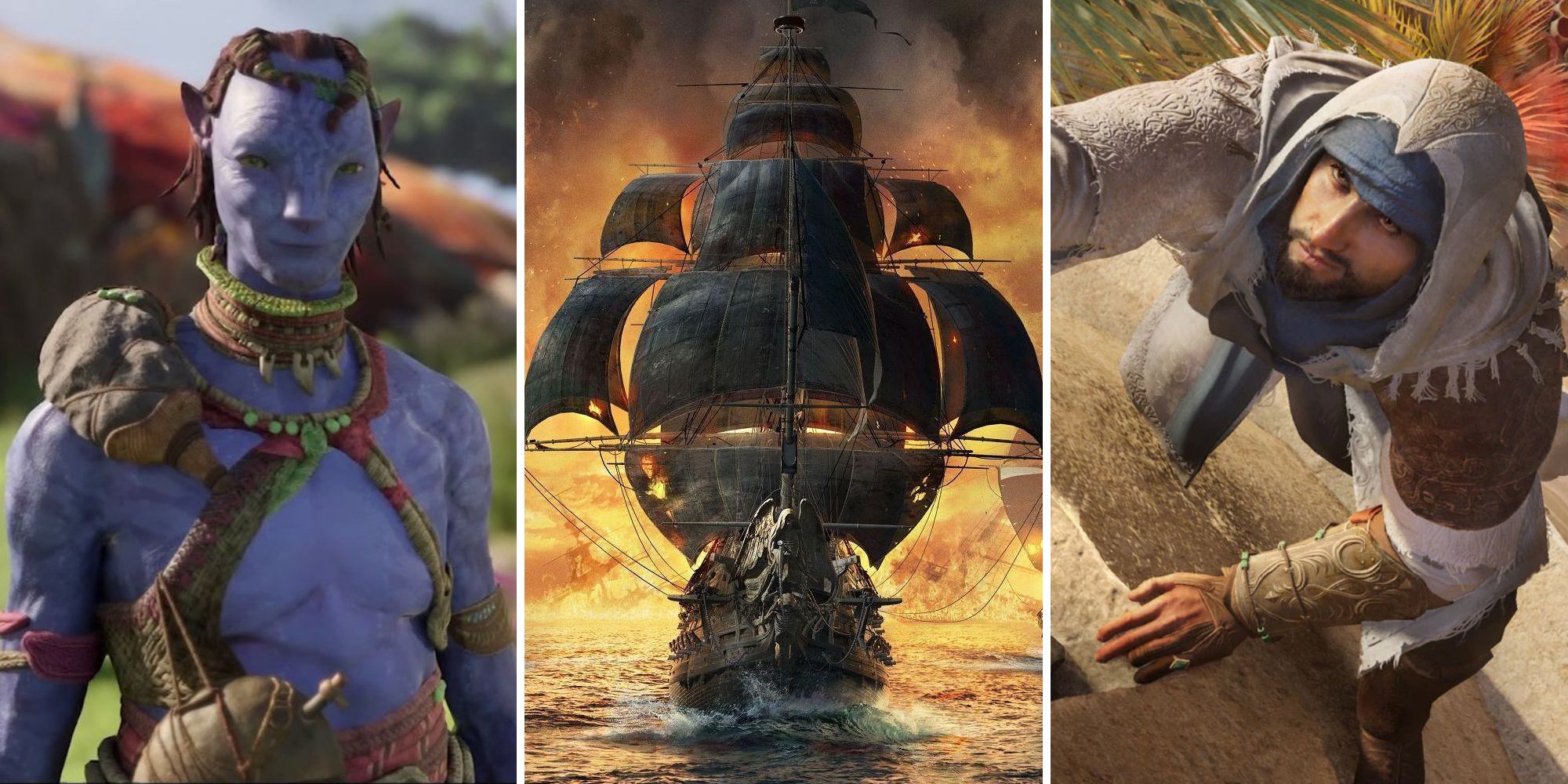 A Navi warrior, a pirate ship, and Basim from Assassin's Creed Mirage