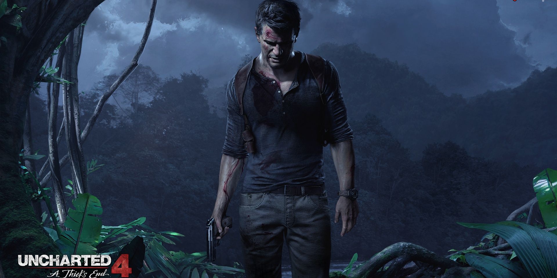 nathan drake standing holding a gun with blood