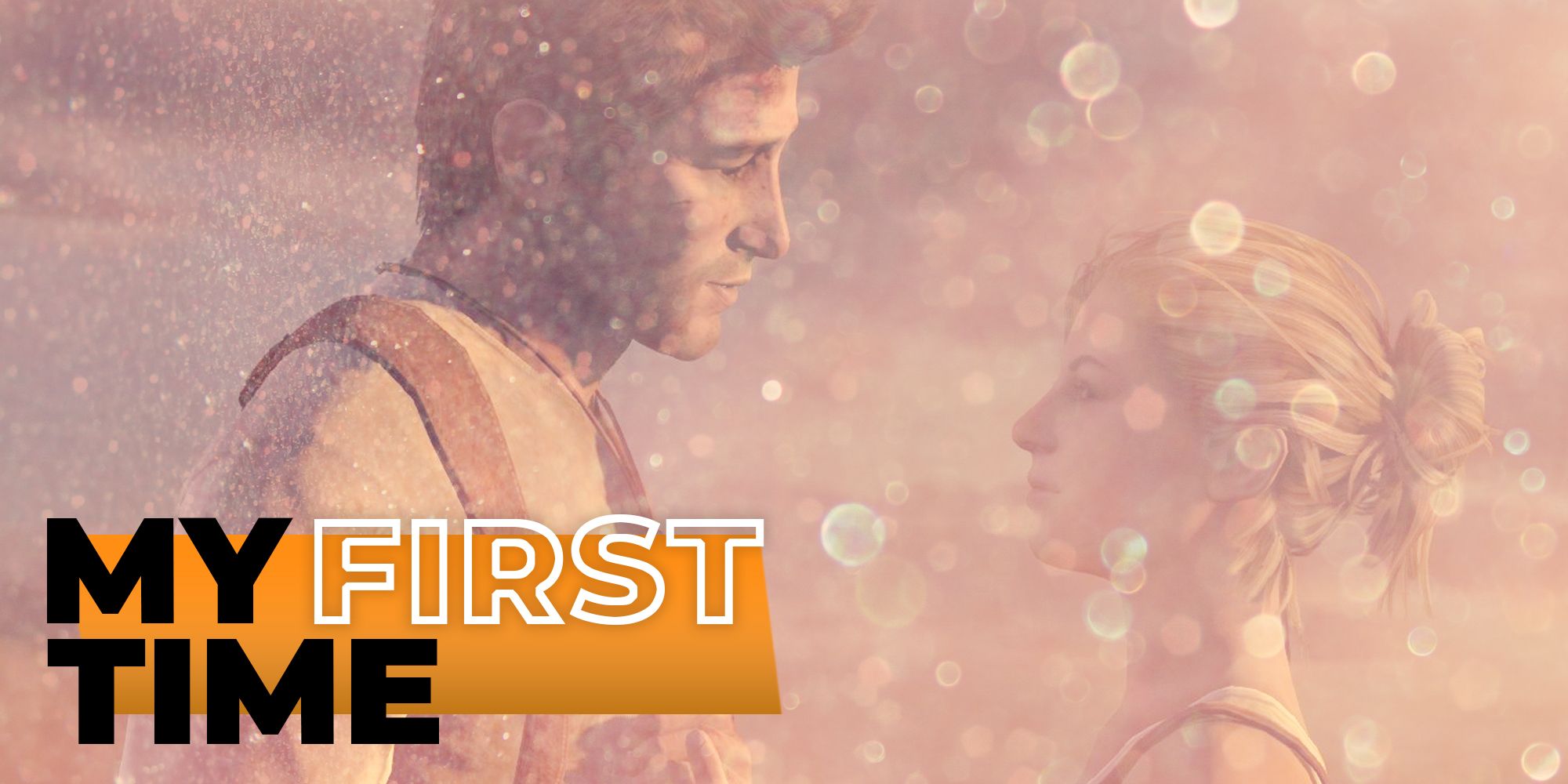 Nathan Drake and Elena face-to-face with a retro filter and the words 