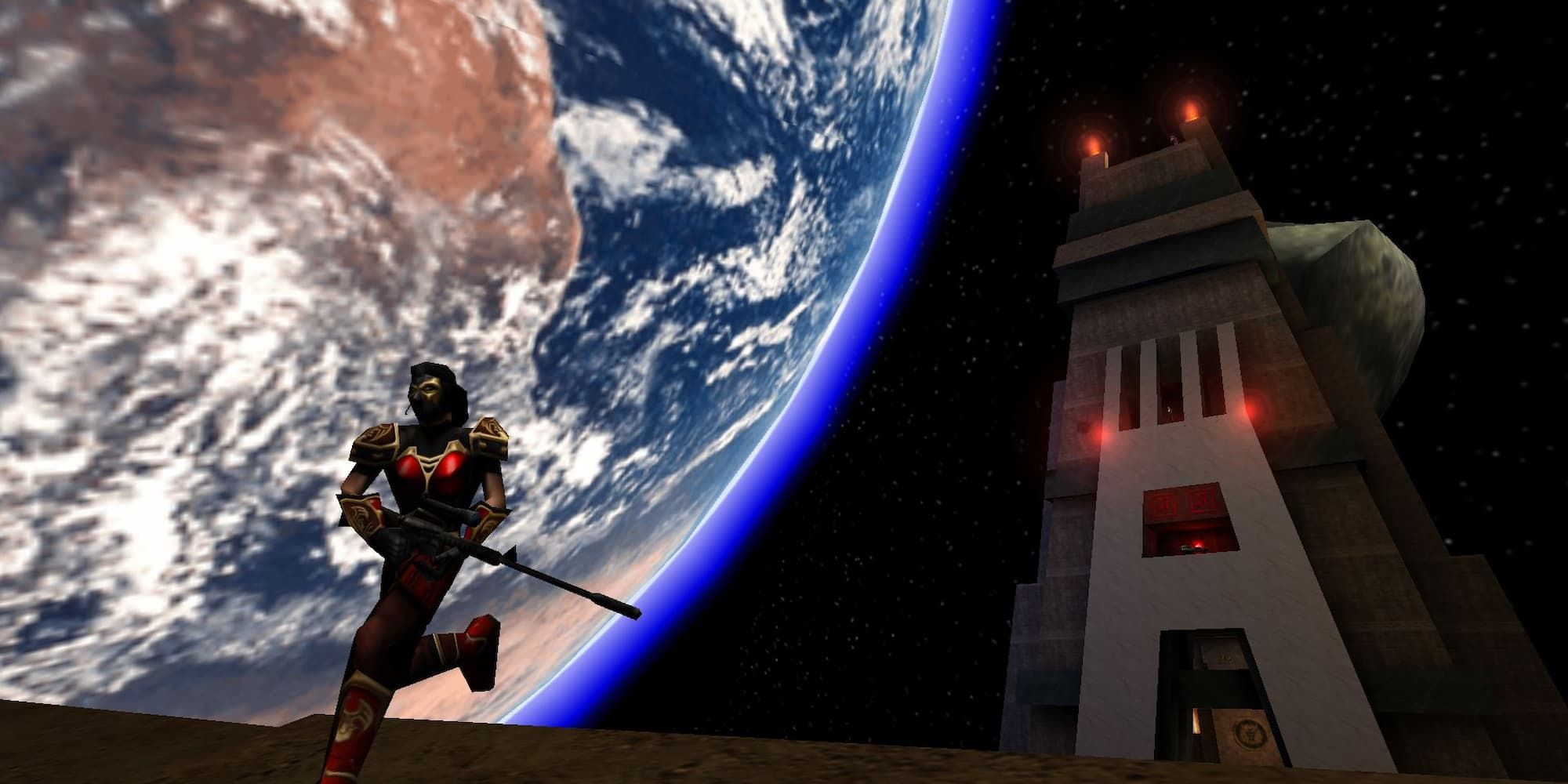 A soldier runs from the tower on the Facing Worlds map of Unreal Tournament.