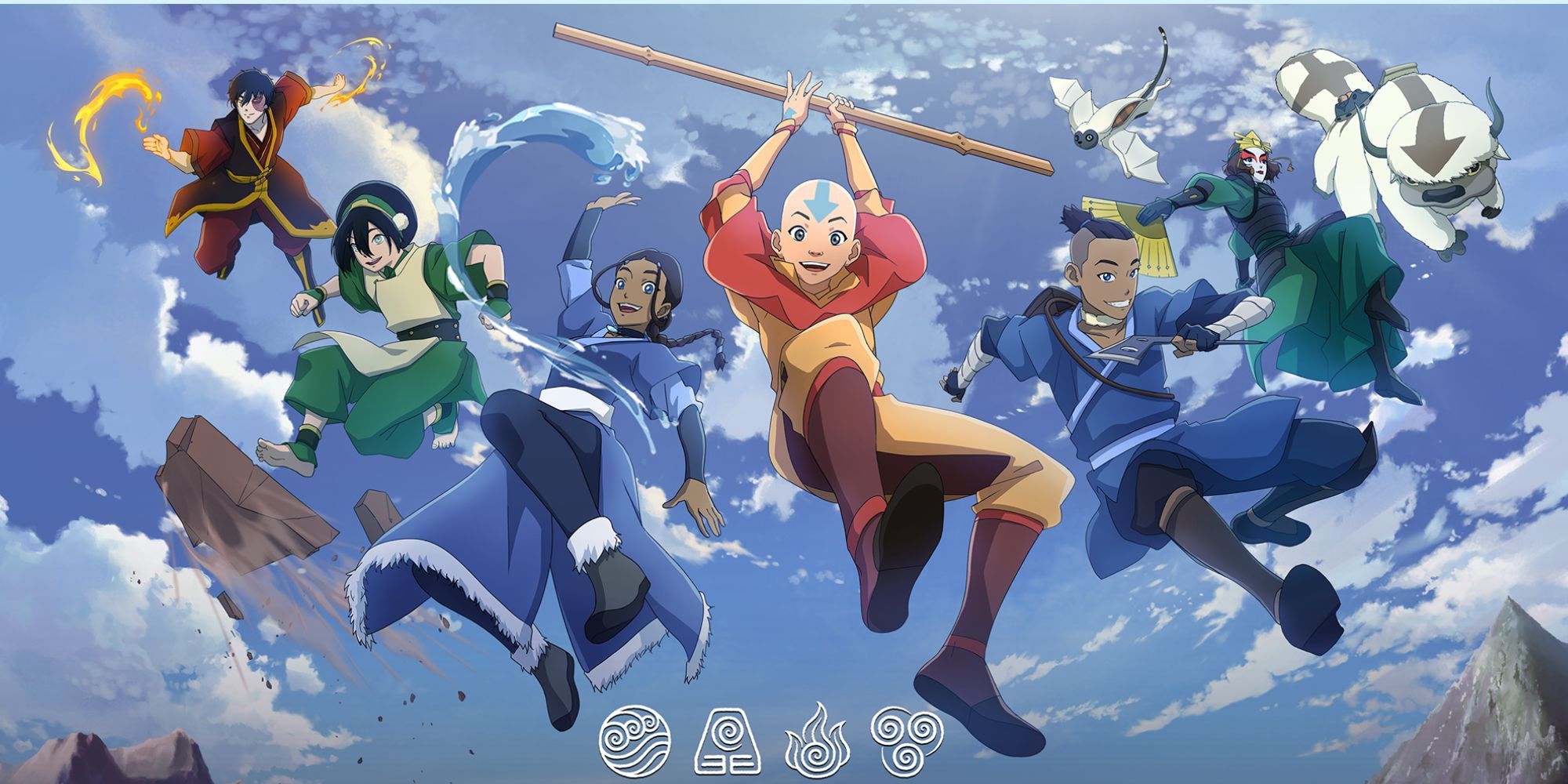 A poster showing all the main characters in Avatar Generations falling from the sky.