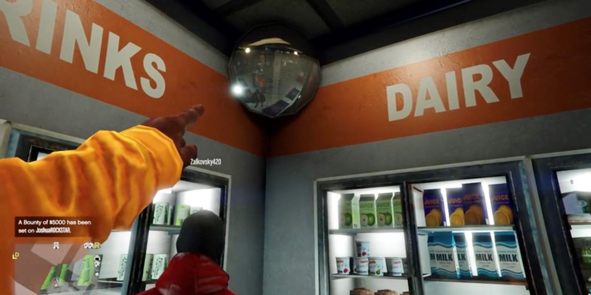 An image showing an example of GTA 5's impressive ray tracing, specifically a grocey store's corner mirror 