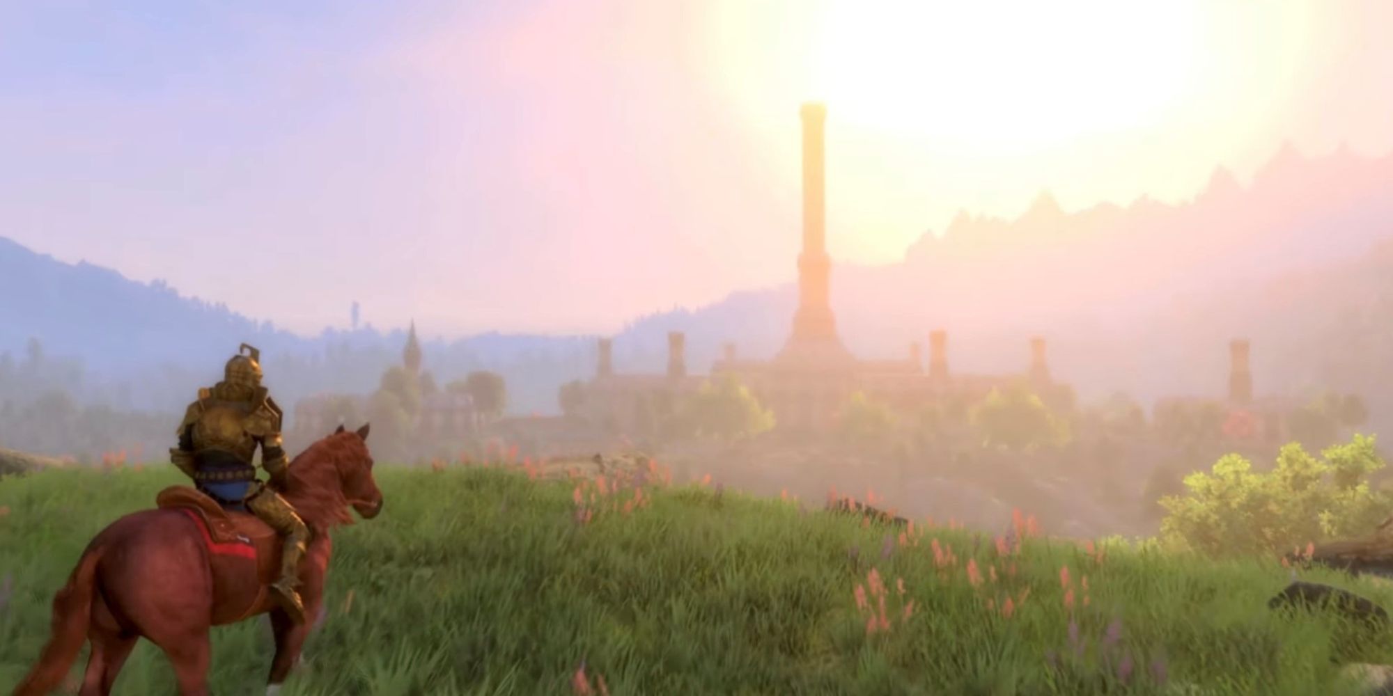A screenshot showing a horse rider trotting towards a city in the bright sun taken from Skyblivion