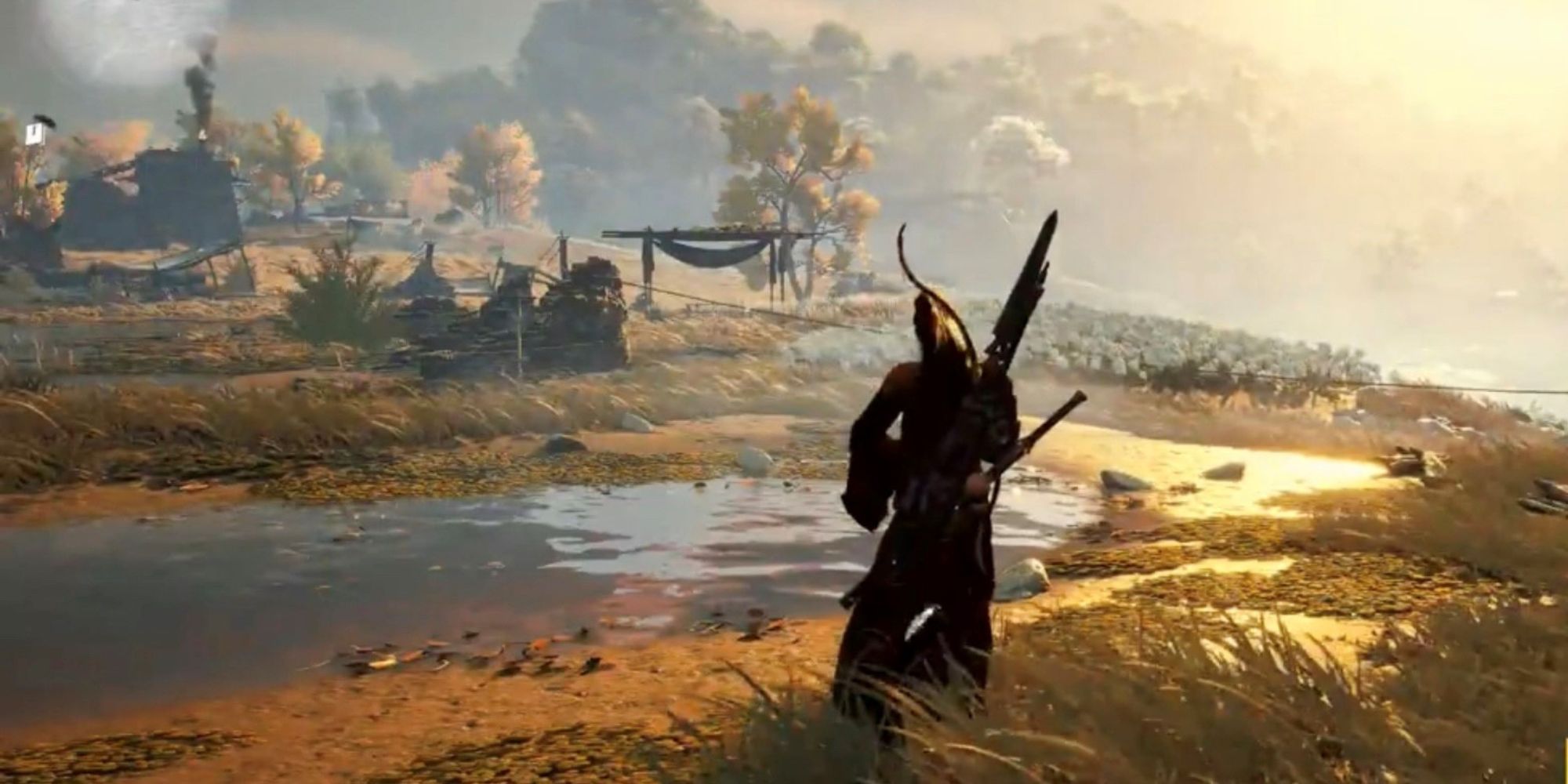 A screenshot showing the player character in a field with a settlement in the background from Where Winds Meet