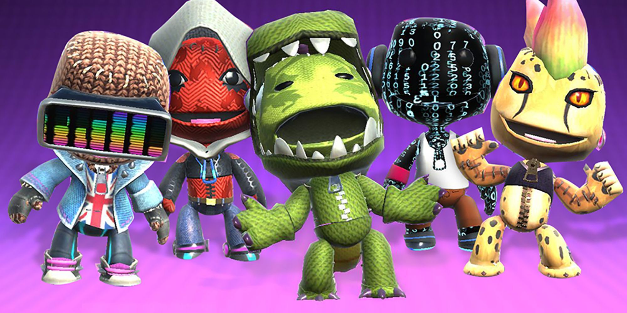An image showing a variety of Sackboys including punk ones, British one, Matrix-y one
