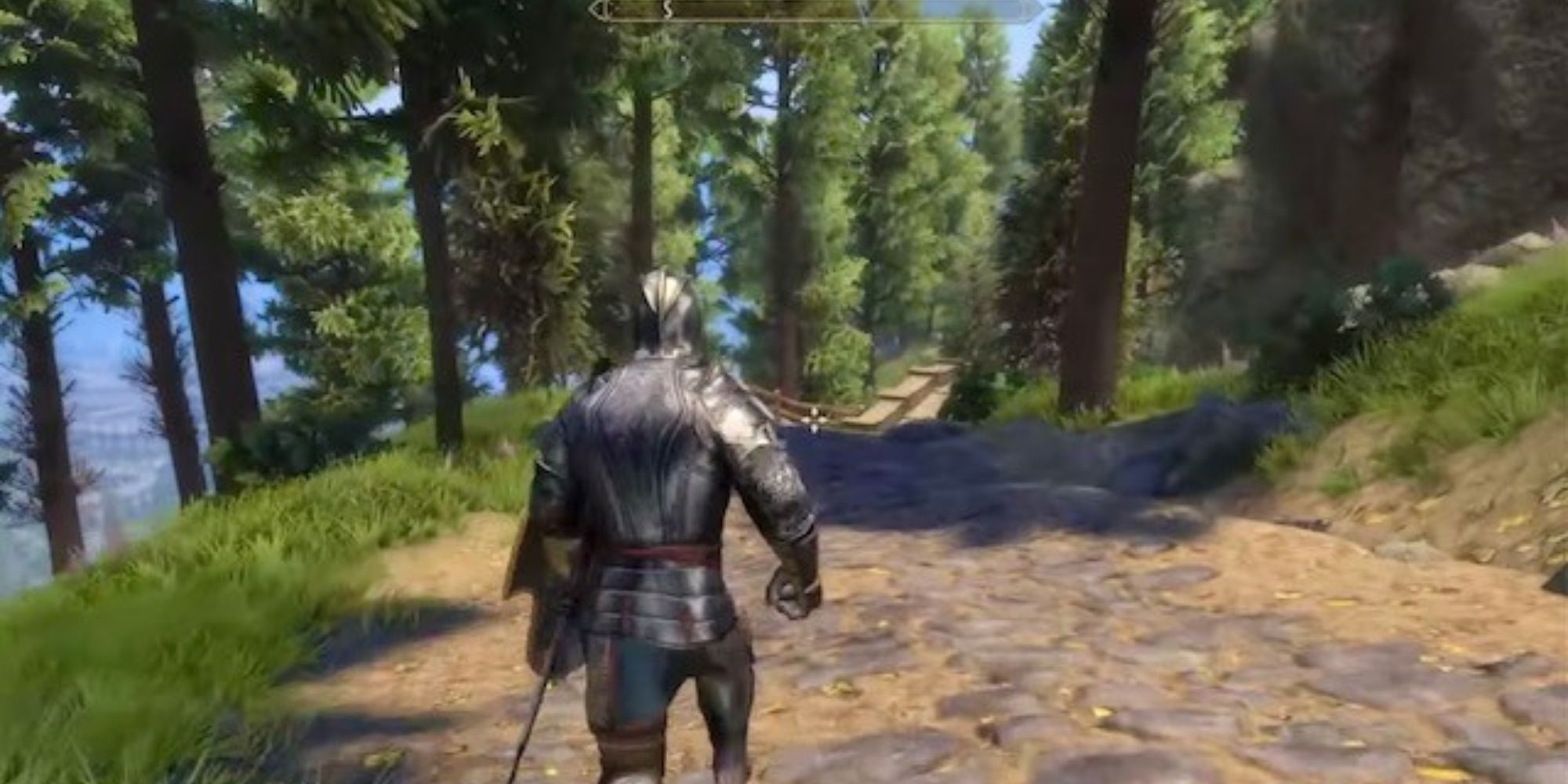 An image showing a soldier running on a path through the woods in Skyblivion