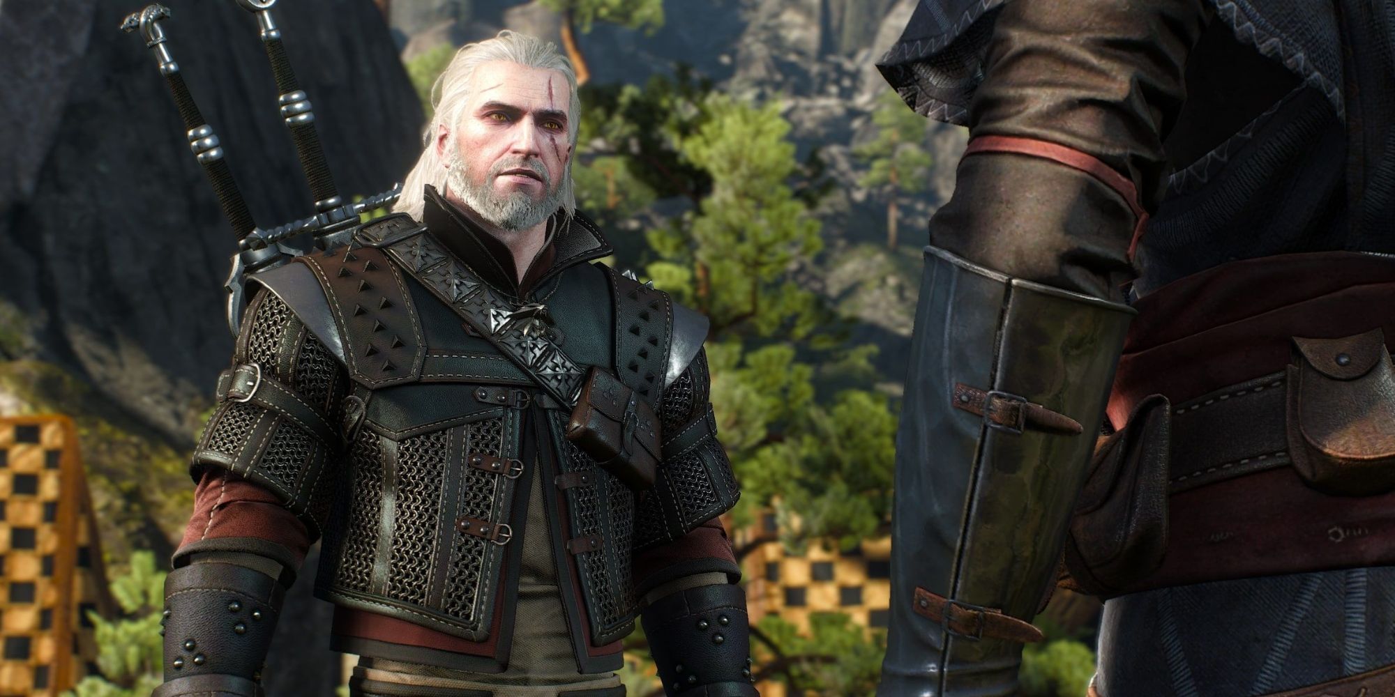 The Witcher 3 showing Geralt speaking to someone out of shot