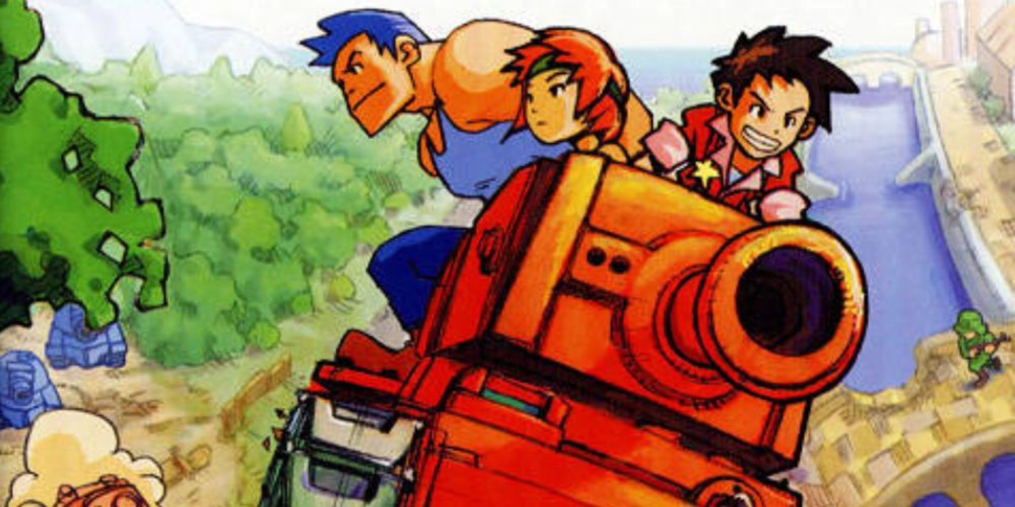 the cover of advance wars showing three characters peeking out of the top of a tank