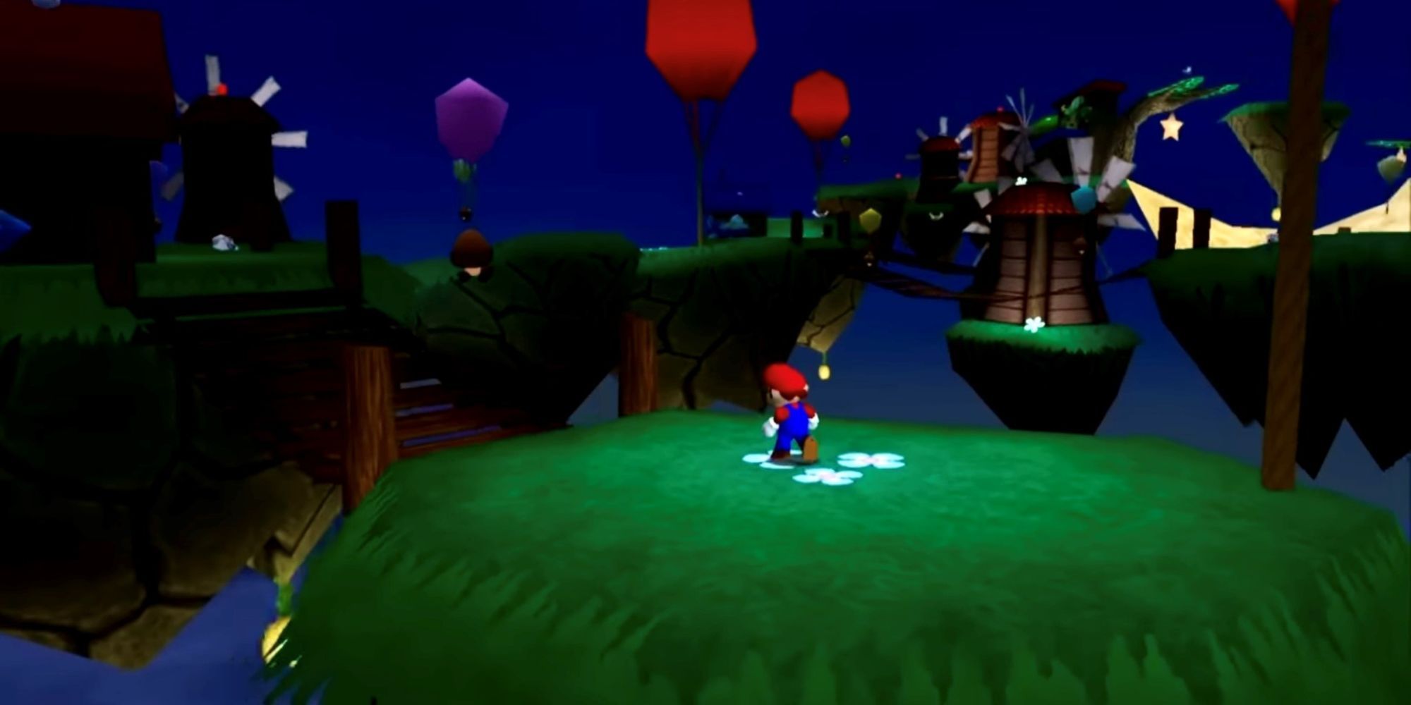 A brand new level of Mario 64 showing Mario on a grassy floating island