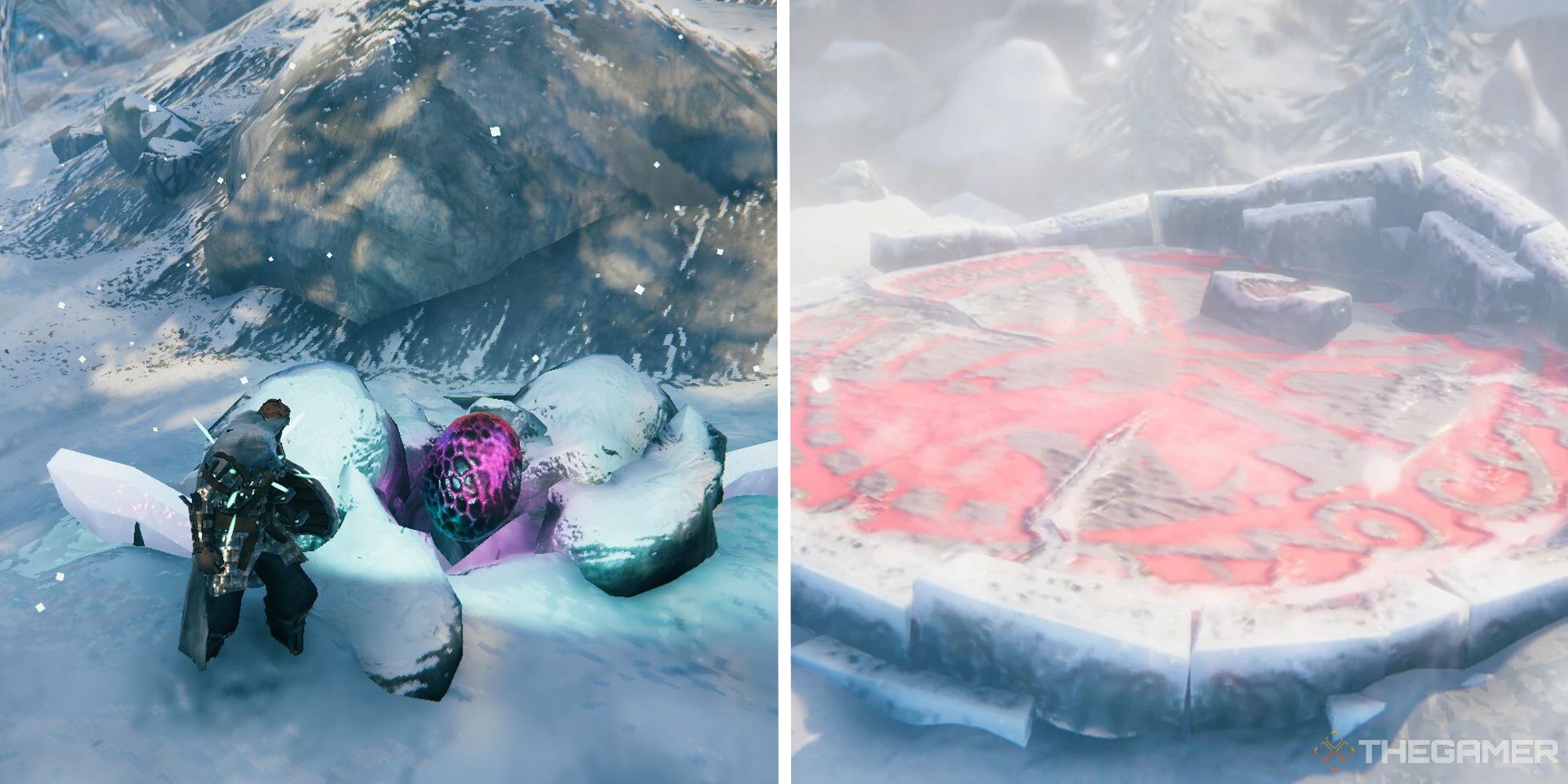 split image showing player next to a dragon egg, next to image of moder summoning location