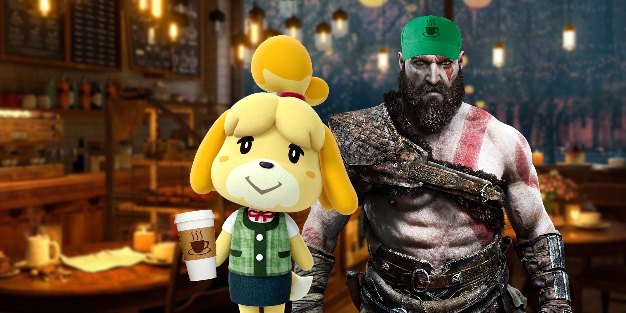 Isabelle from Animal Crossing holding a to-go cup of coffee and Kratos from God of War wearing a baseball cap with a coffee logo on it. The background is of a coffee shop.