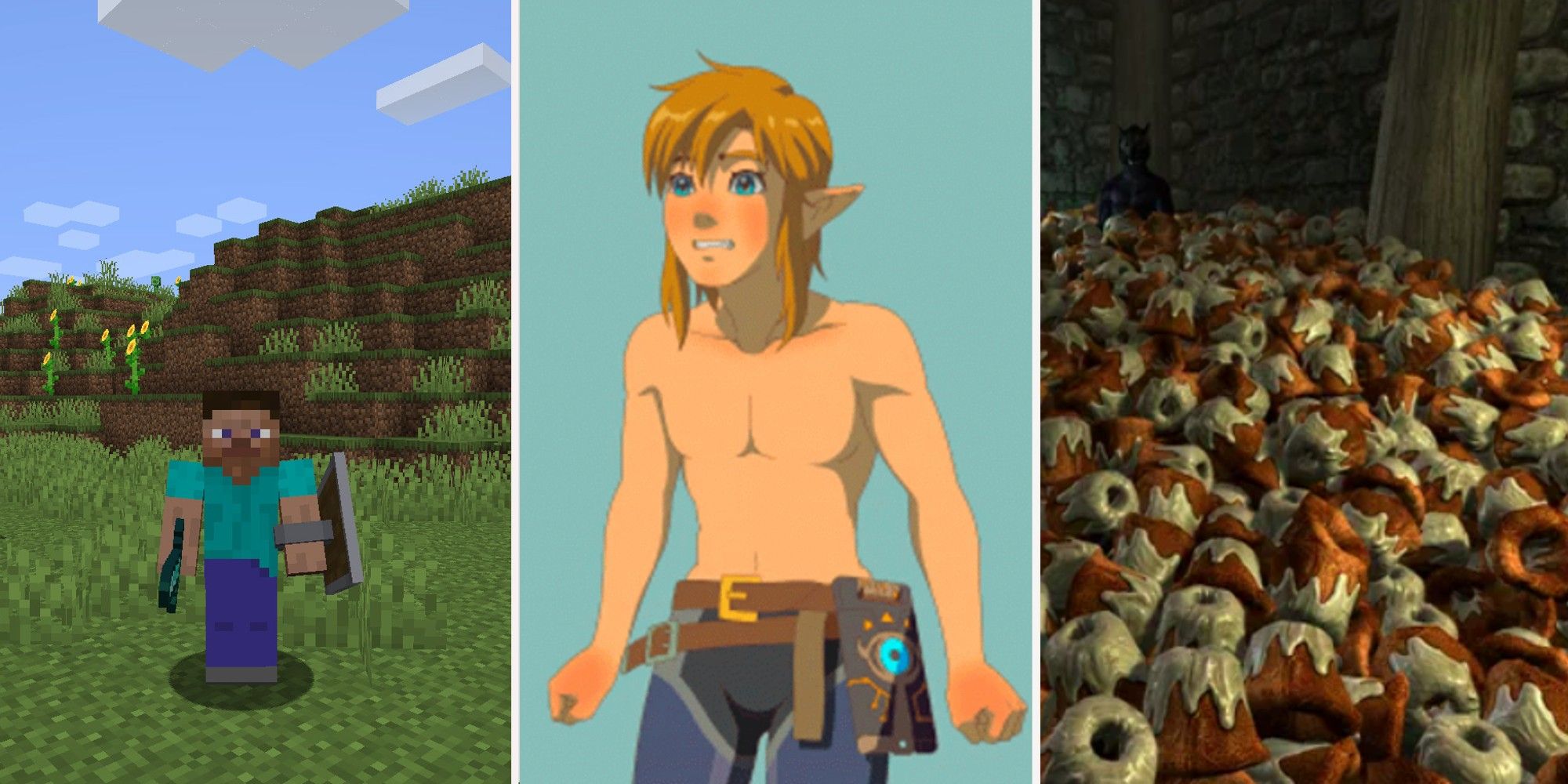 Video Game Characters with the biggest pockets featured image - Minecraft Steve, shirtless Link, and a room full of sweet rolls in Skyrim-1
