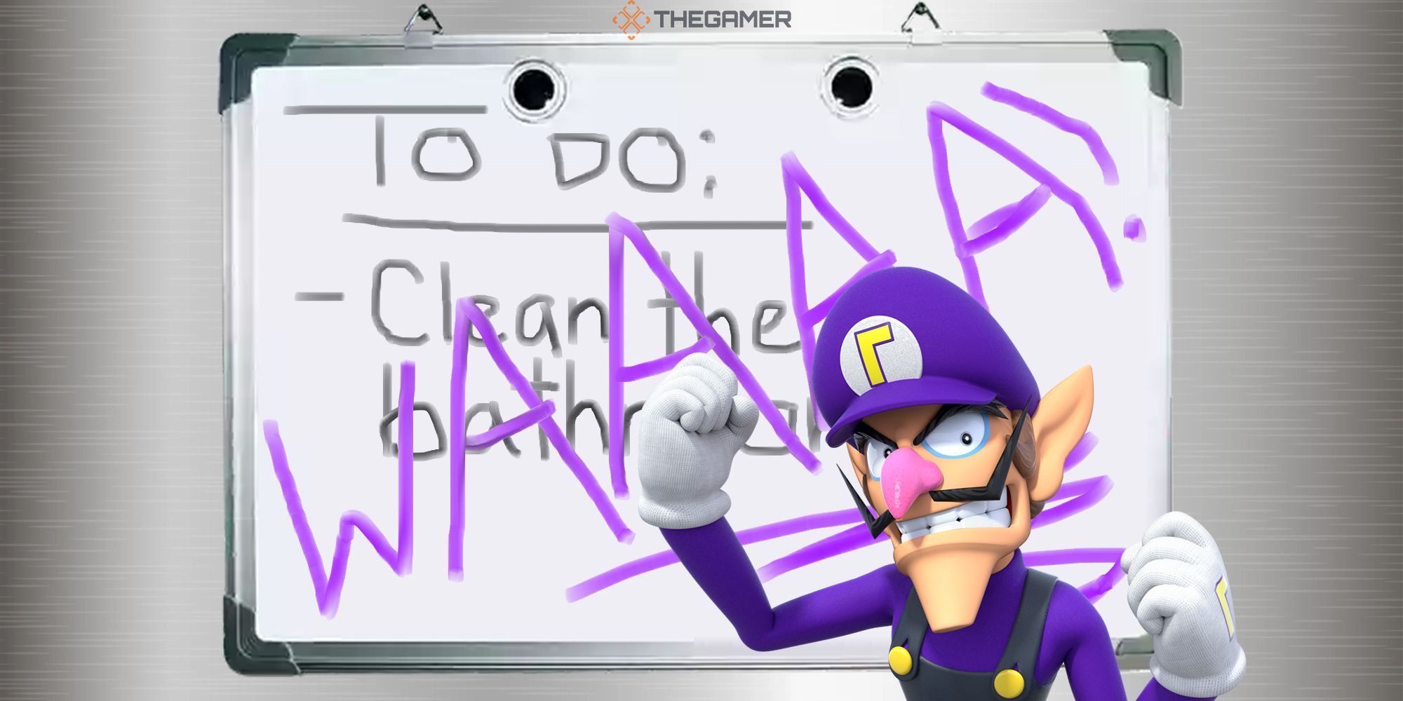 Waluigi stands in front of a refrigerator white board after writing over the roommate to-do list with his irritating catchphrase.