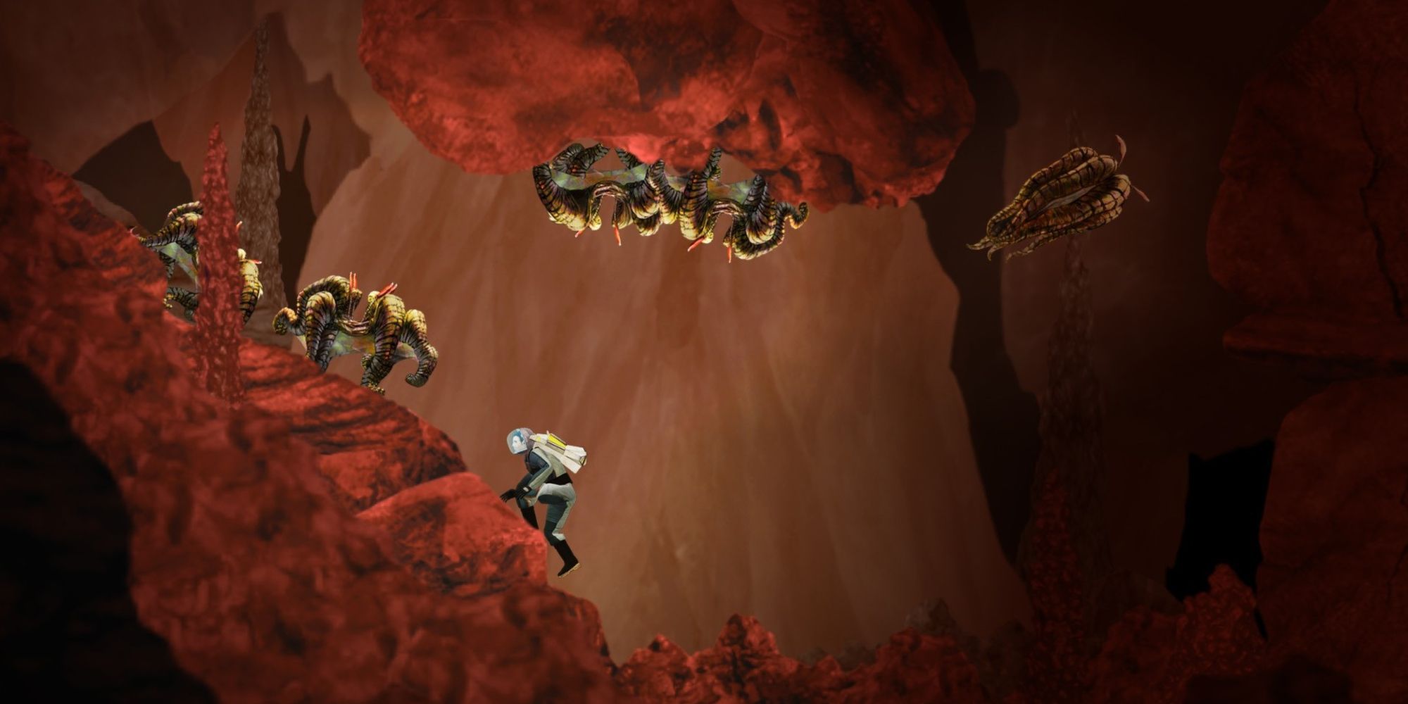 The main character crawls through the underground in Waking Mars