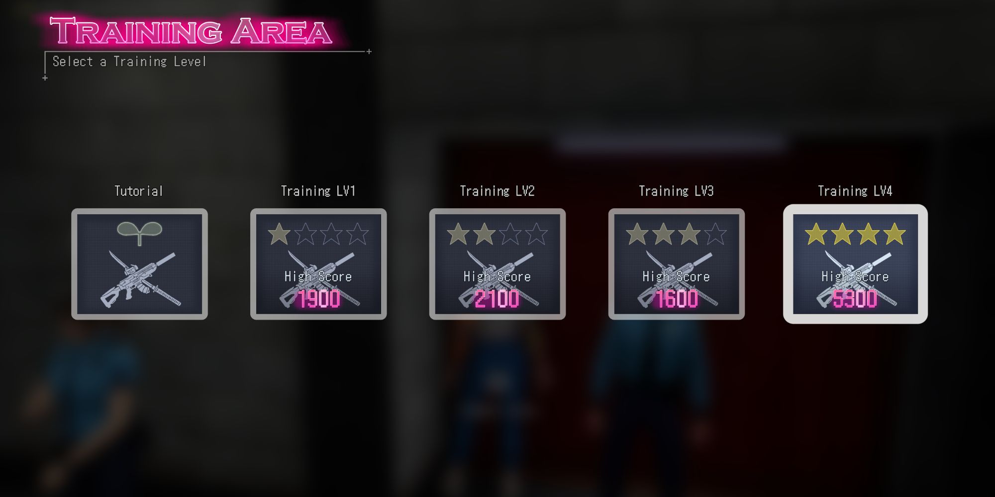 The Training Area Menu, showcasing the scores for each star challenge in Wanted: Dead