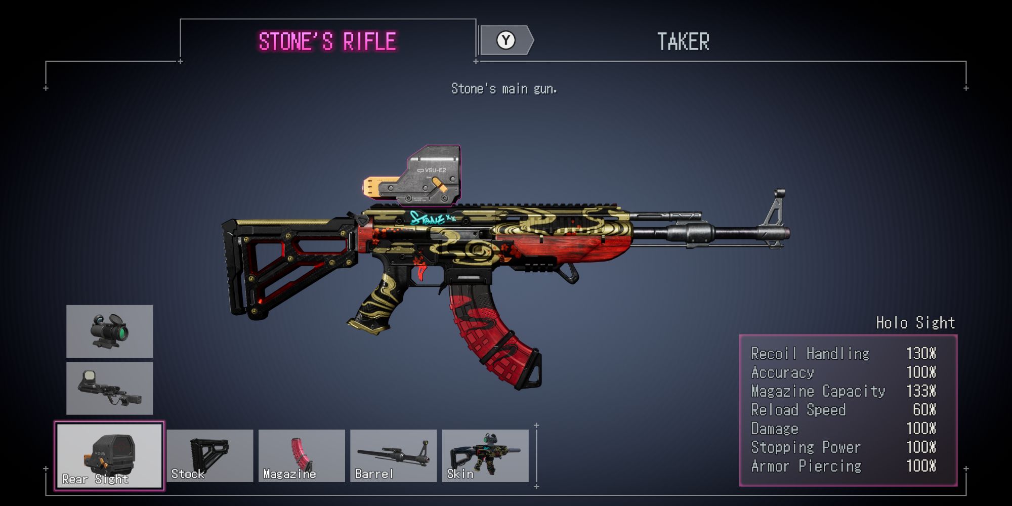 The customization menu for Stone's Rifle, an AK-47 that you can change its Barrel, Magazine, Stock, Sight, and Skin in Wanted: Dead