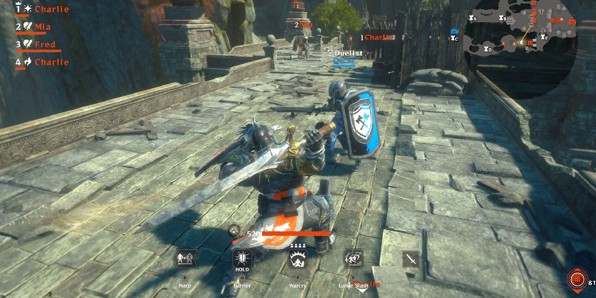 Two knights, one orange and one blue, fight atop castle ramparts in Warlander