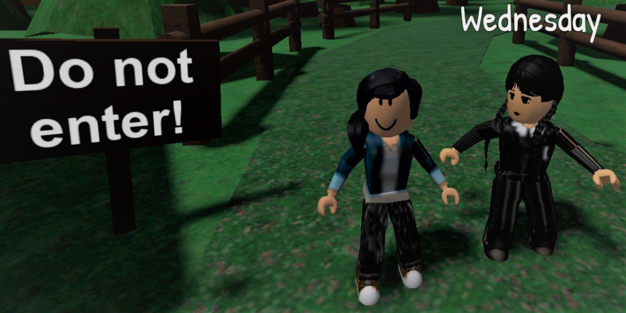 Roblox character and Wednesday Addams (from Wednesday) standing next to a Do Not Enter sign