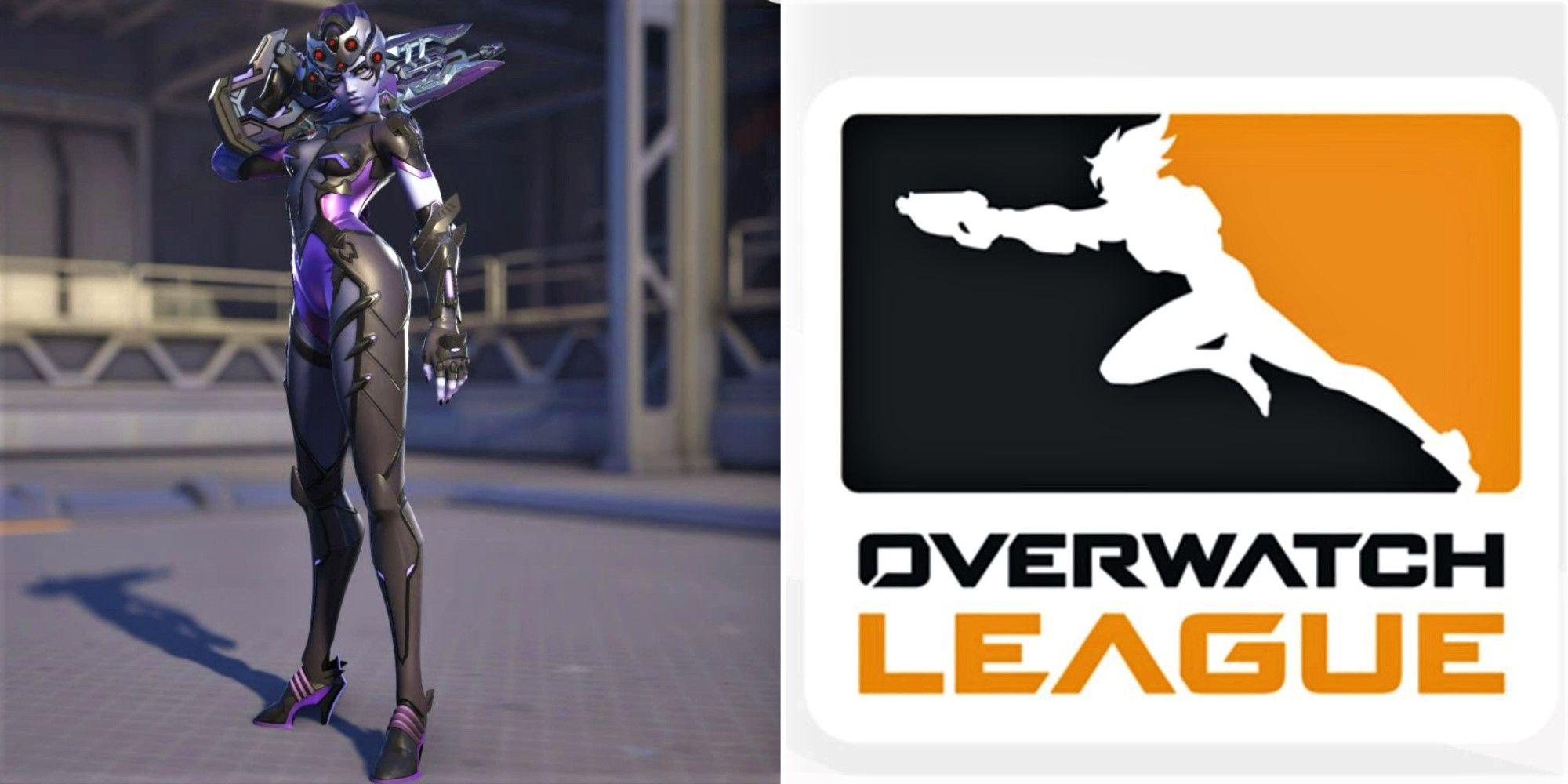 Widowmaker posing with her submachine gun resting on her shoulder (left) and Overwatch League Cover (right)