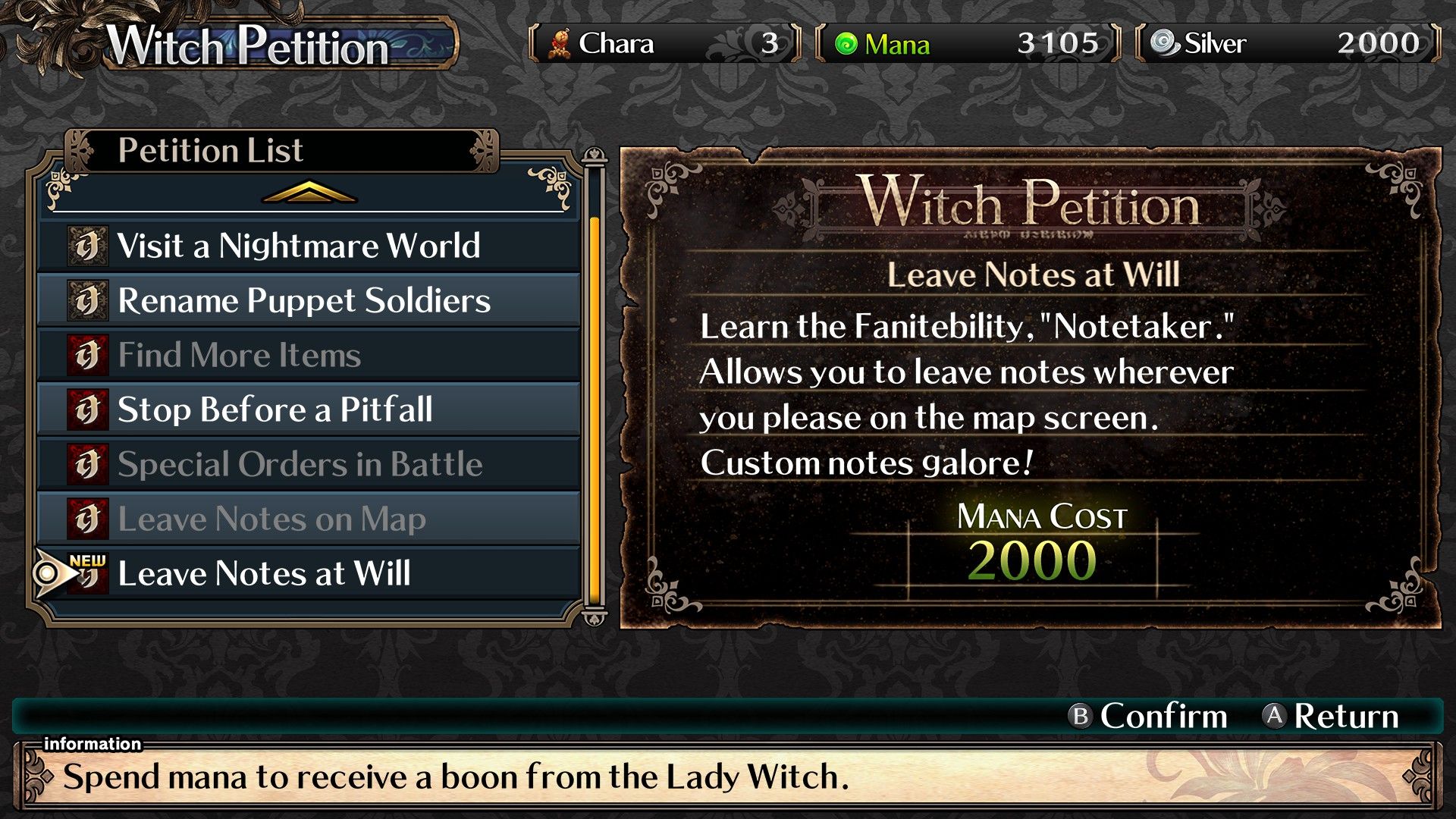 The play considers gettin the Leave Notes at Will ability from the Witch's Petition in Labyrinth Of Galleria: The Moon Society.