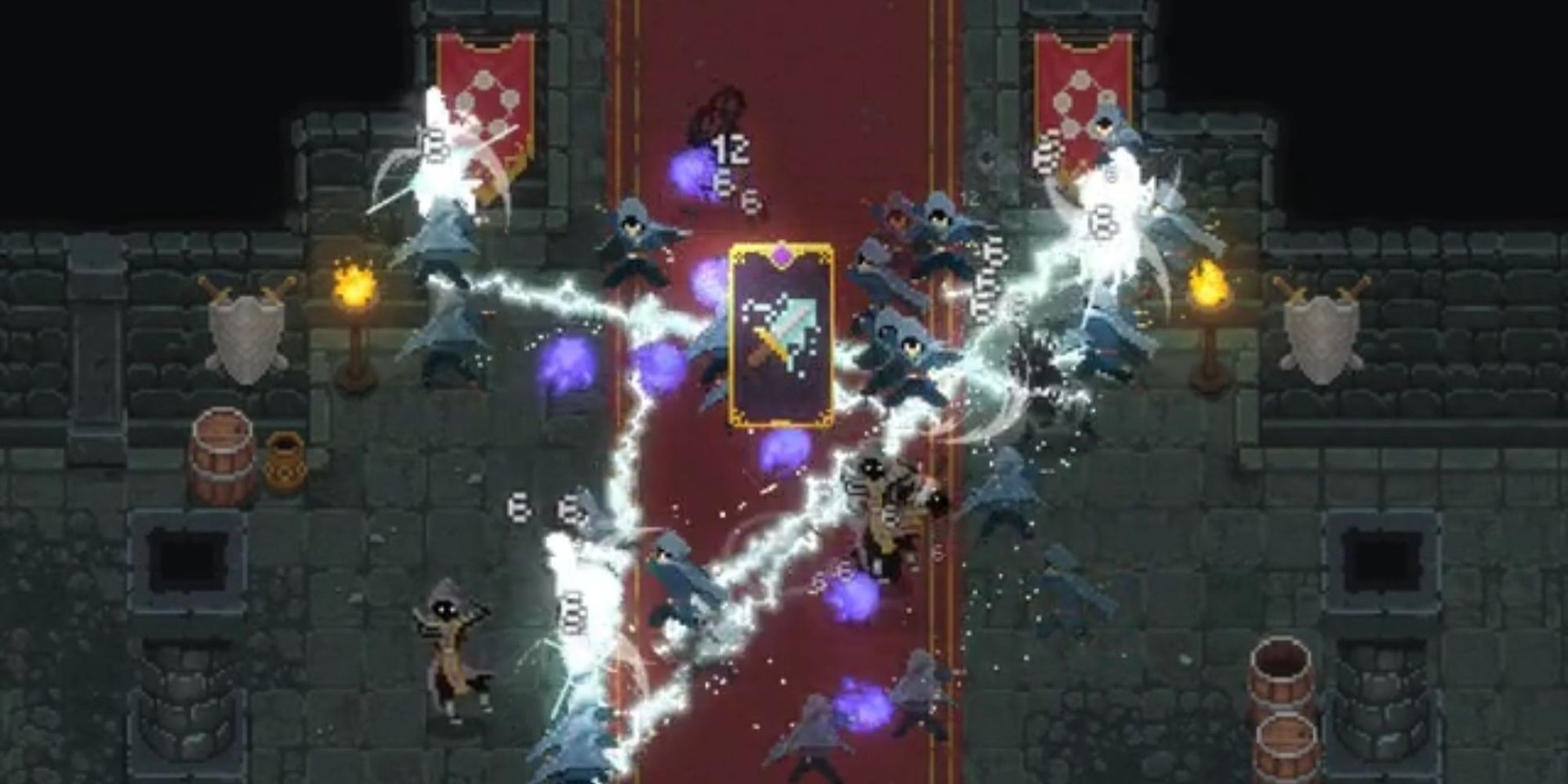 A thunder spell injures multiple enemies at once in Wizard of Legend