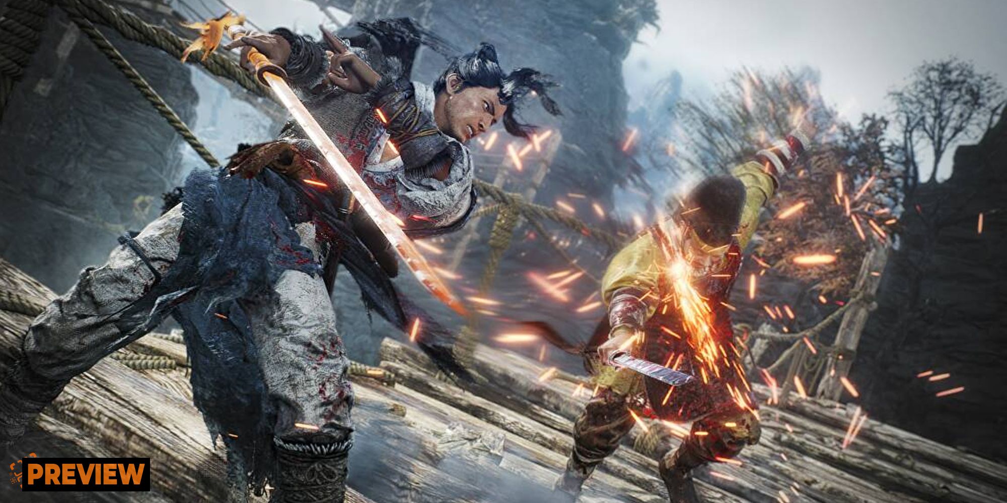 the protagonist of wo long deflecting a sword from an enemy, sparks fly