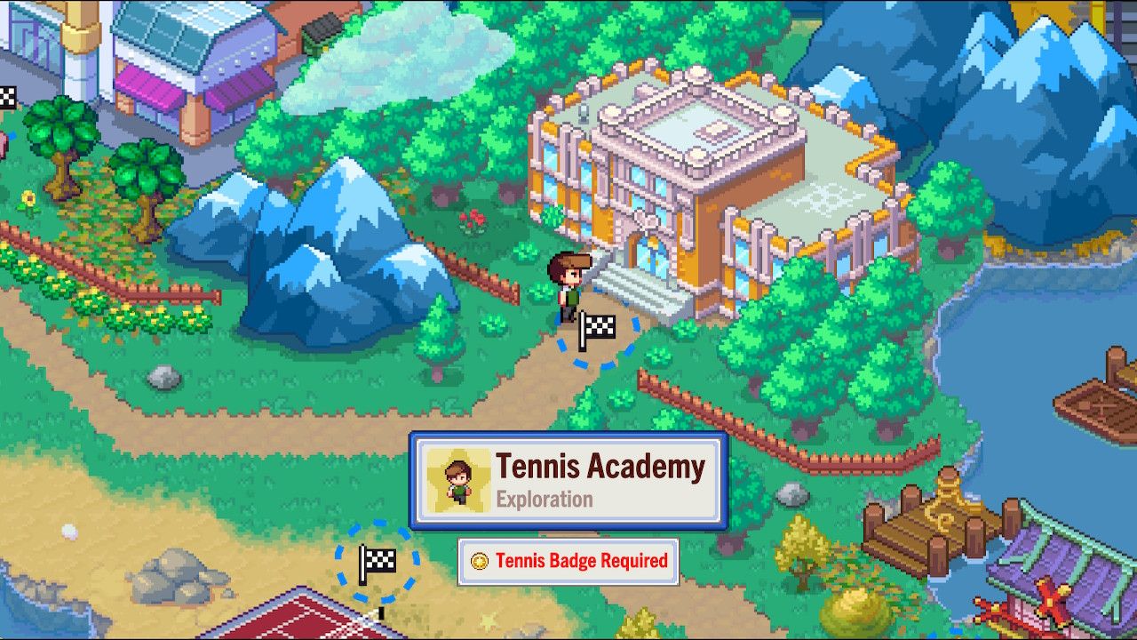 The player tries to go to the Tennis Academy on the world map in Sports Story.