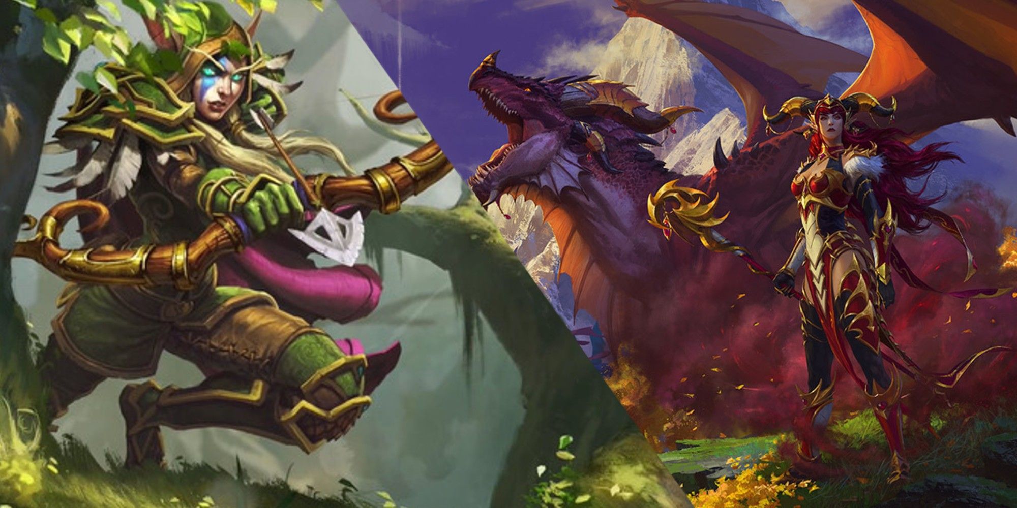 Official art of both Alleria Windrunner, a marksmanship hunter, and World of Warcraft: Dragonflight