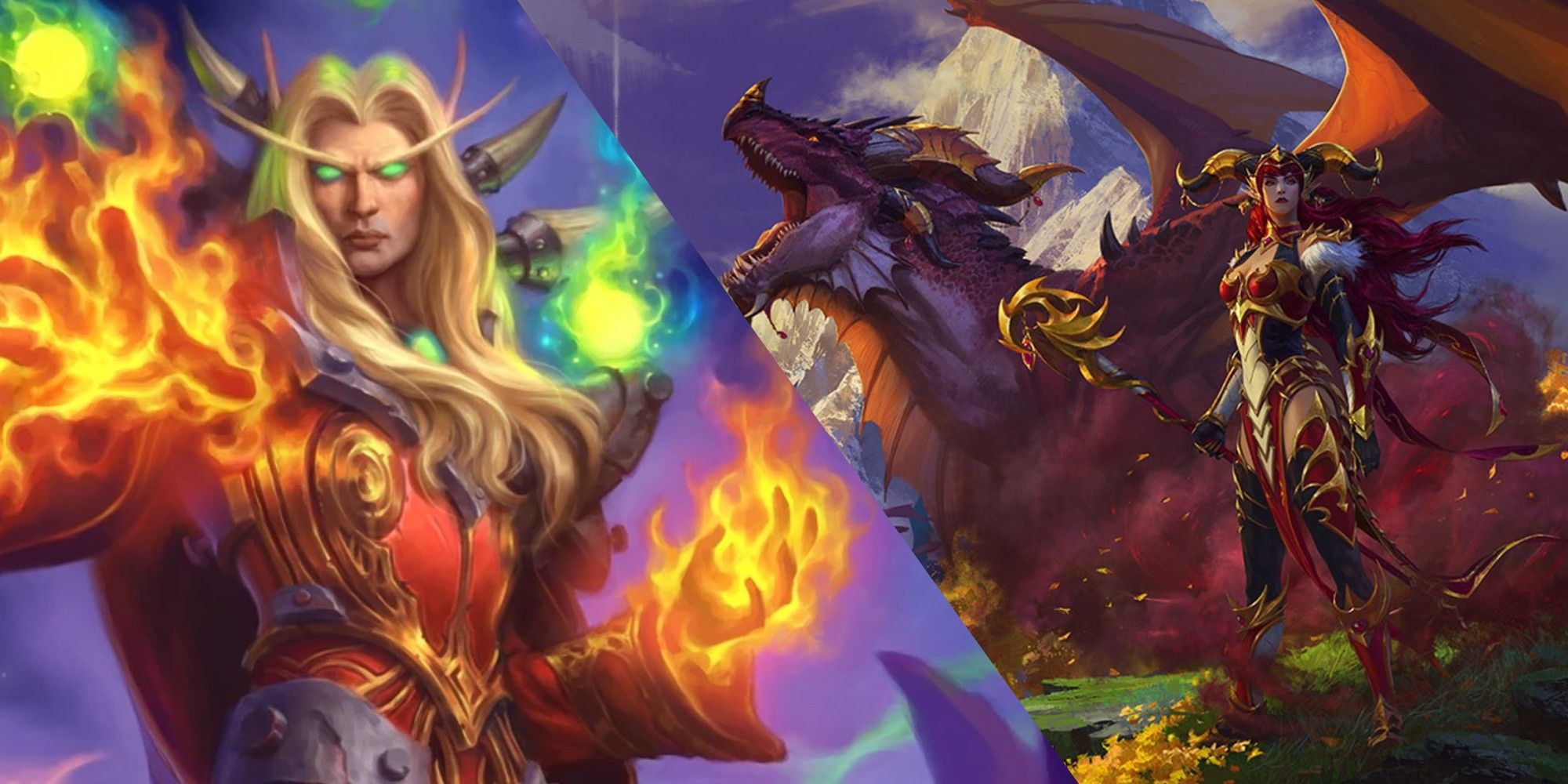 Official art of Kael'thas Sunstrider and Alexstrasza of the Red Dragonflight from World of Warcraft.