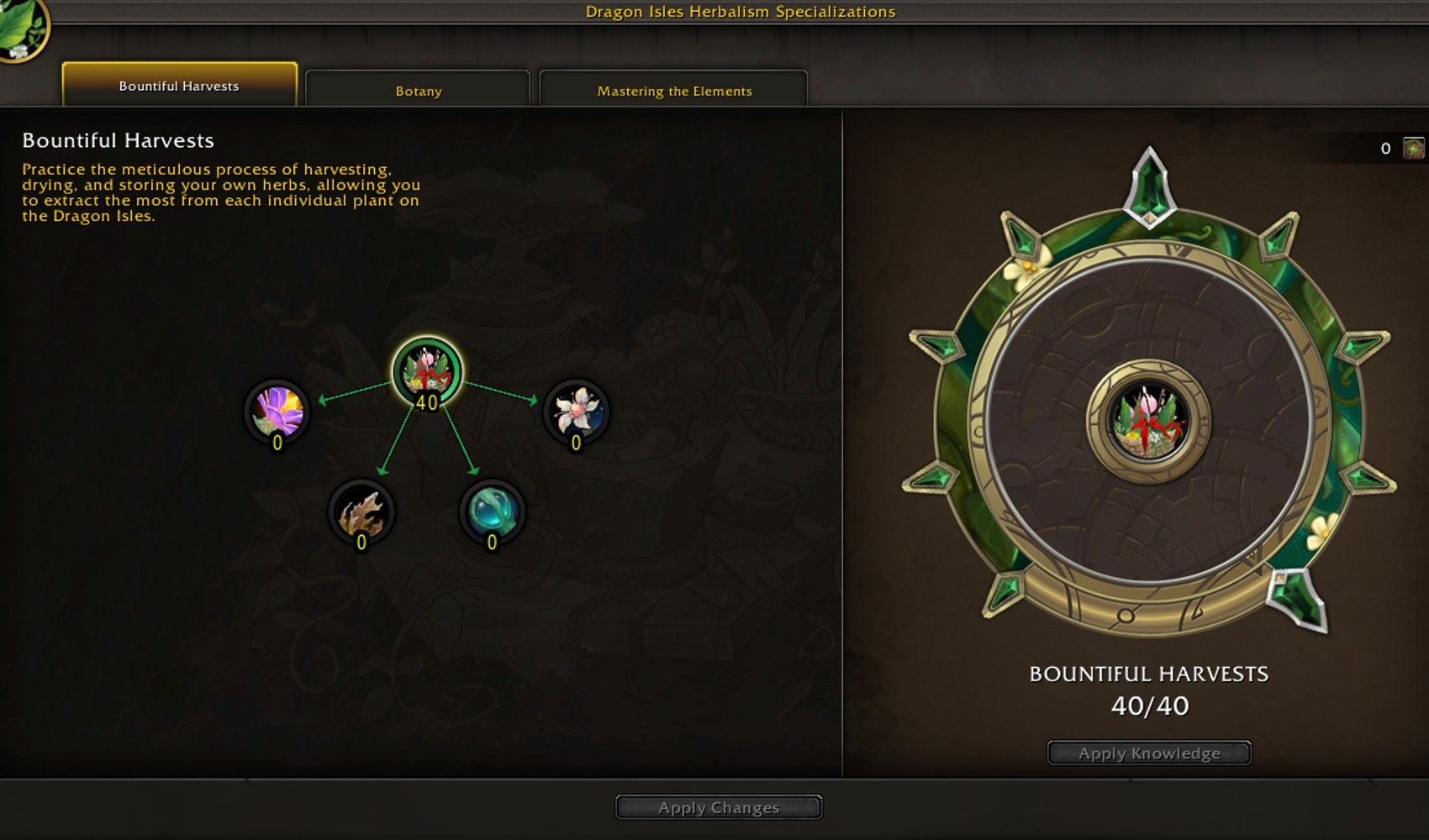 An overview of the herbalism specialization screen in World of Warcraft.