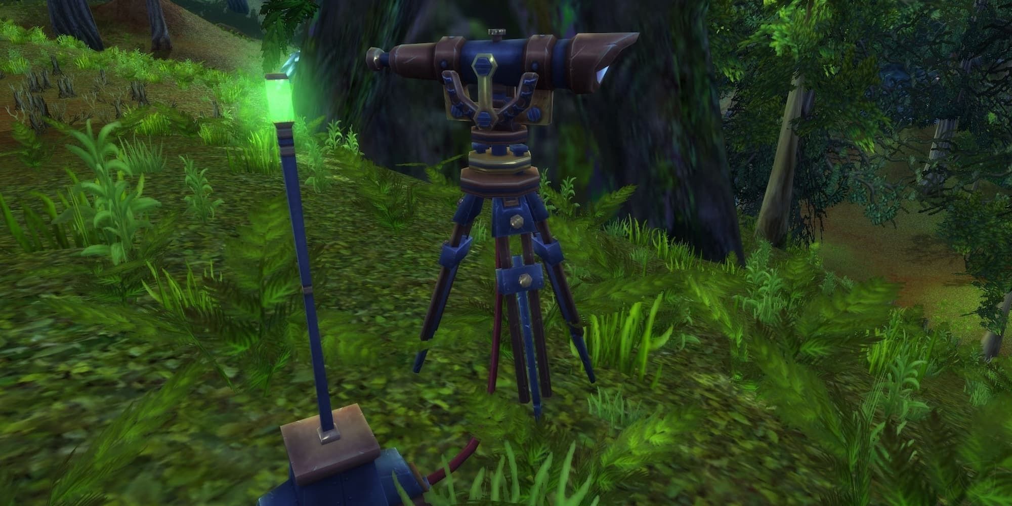 A telescope and surveyor are set up to search a dig site in World of Warcraft.