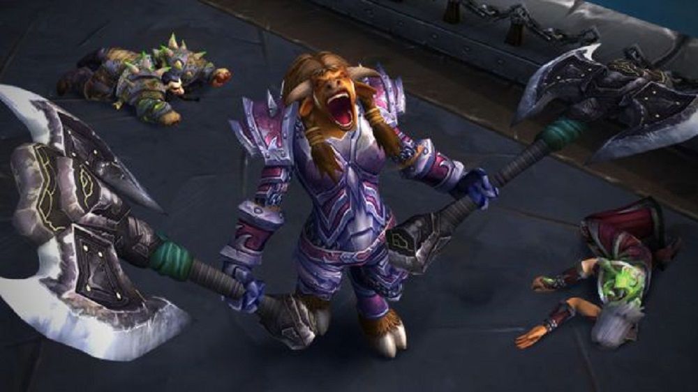 World Of Warcraft: A Tauren Arms Warrior screams while holding two large axes, surrounded by dead enemies.