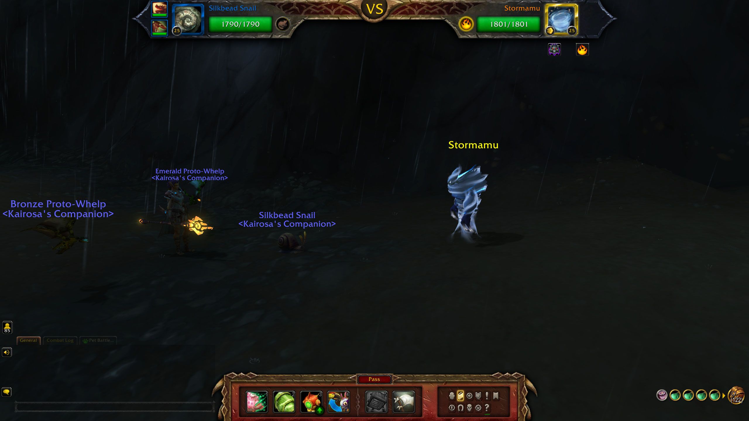 WoW pet battle against Stormamu with silkbead snail, bronze proto-whelp, and emerald proto-whelp