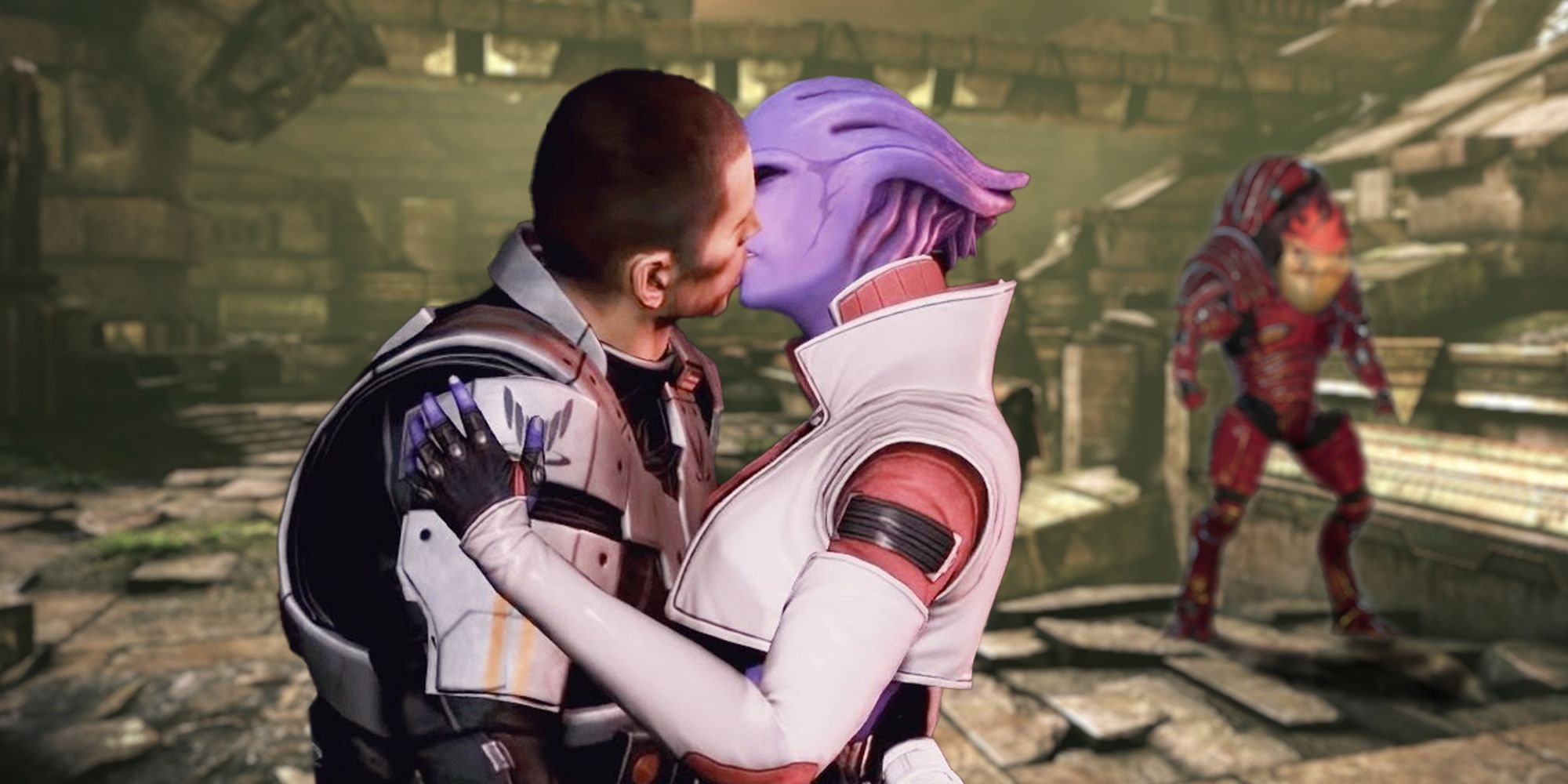 The human, Commander Shepard, kisses a blue alien, Aria. A bigger alien, Wrex, watches 