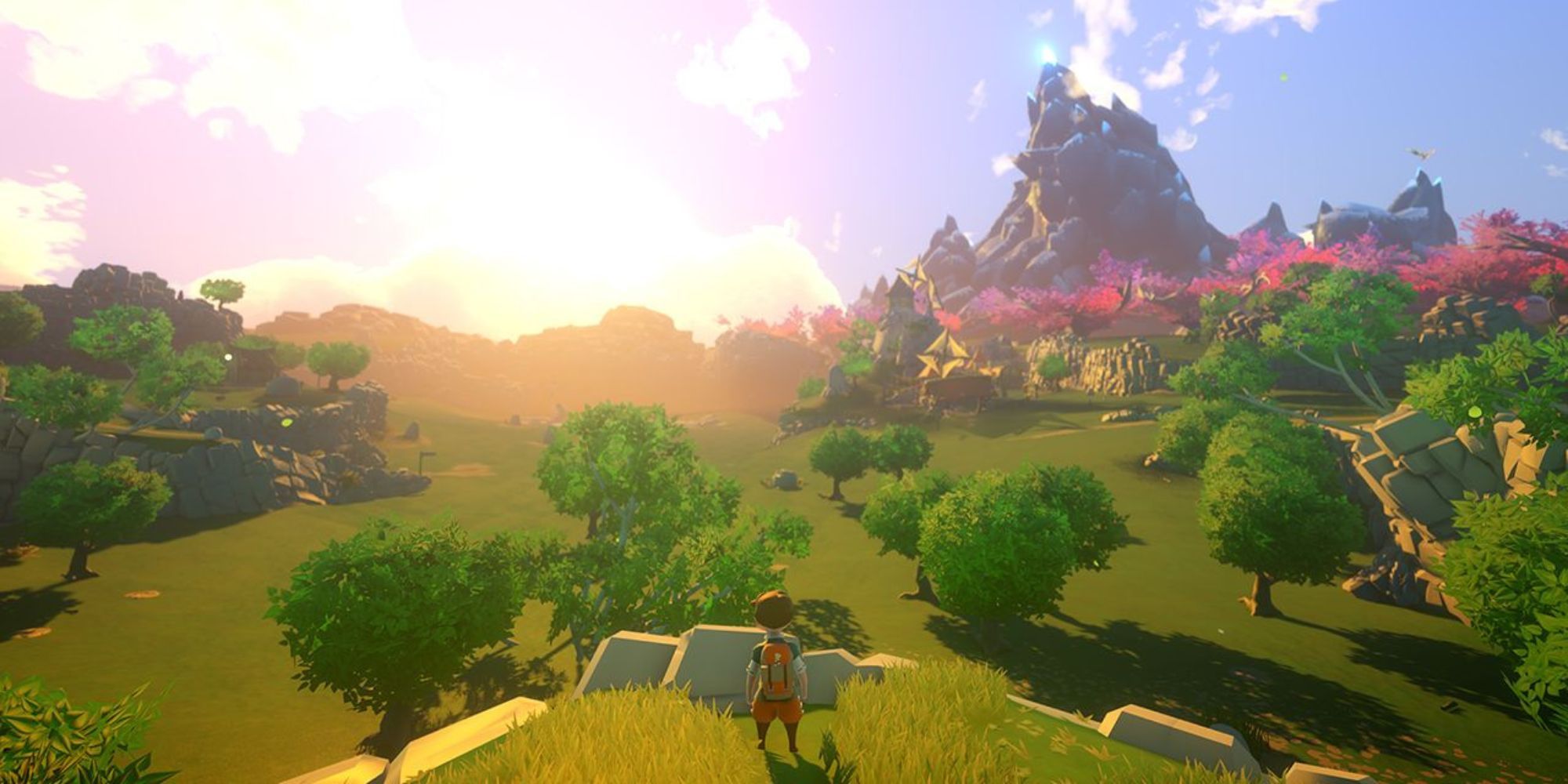 The hero stands on a cliff looking over the land in Yonder: The Cloud Catcher Chronicles