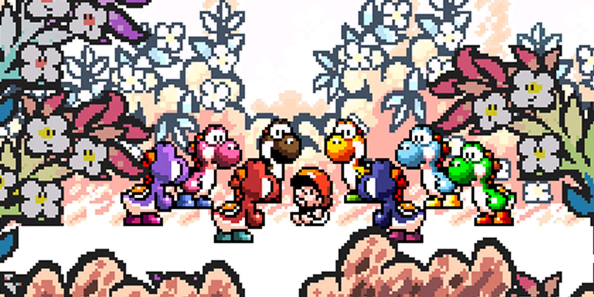 Baby Mario surrounded by Yoshis in Super Mario World 2: Yoshi's Island