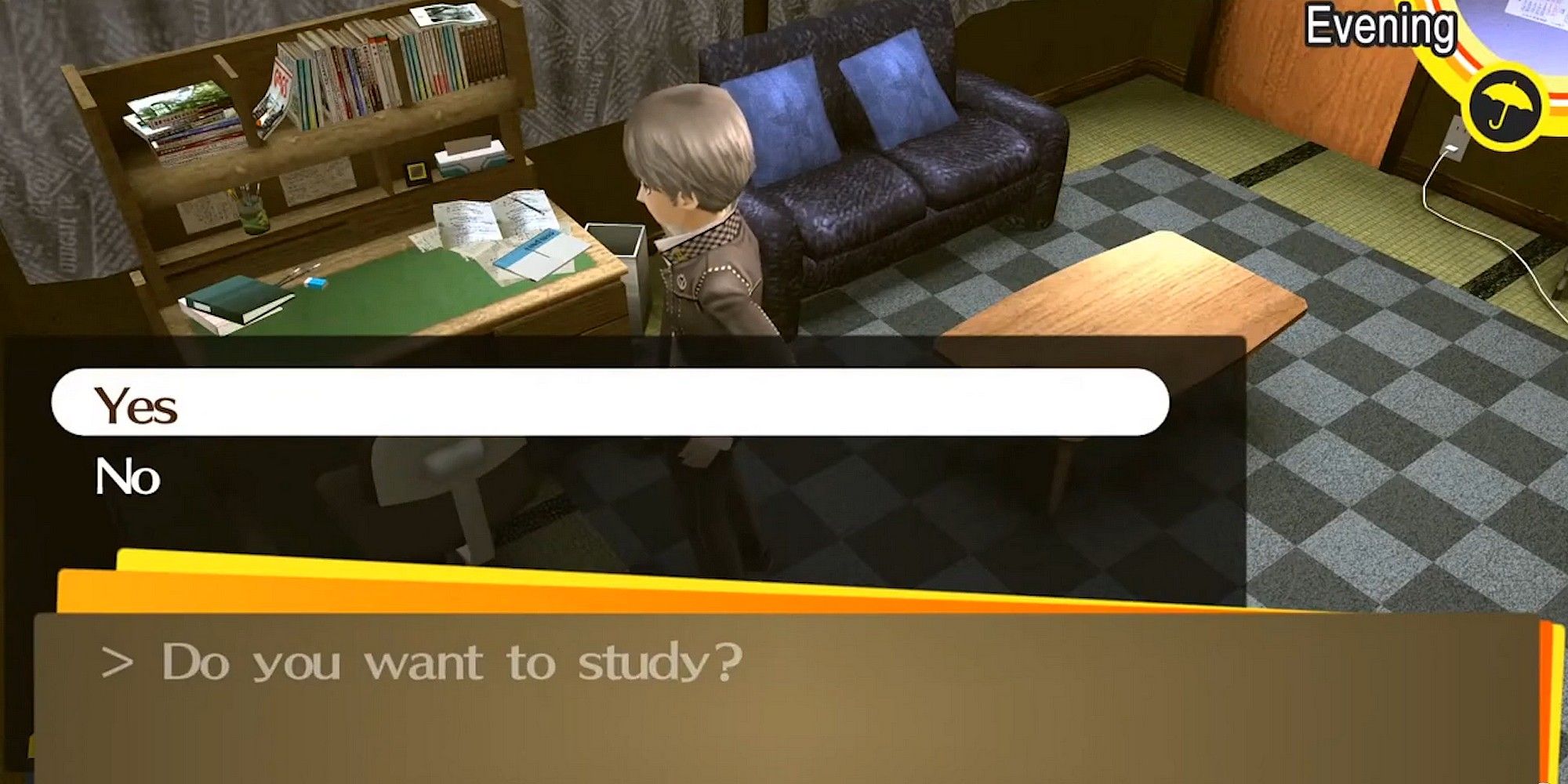 Yu about to study at the desk in his bedroom