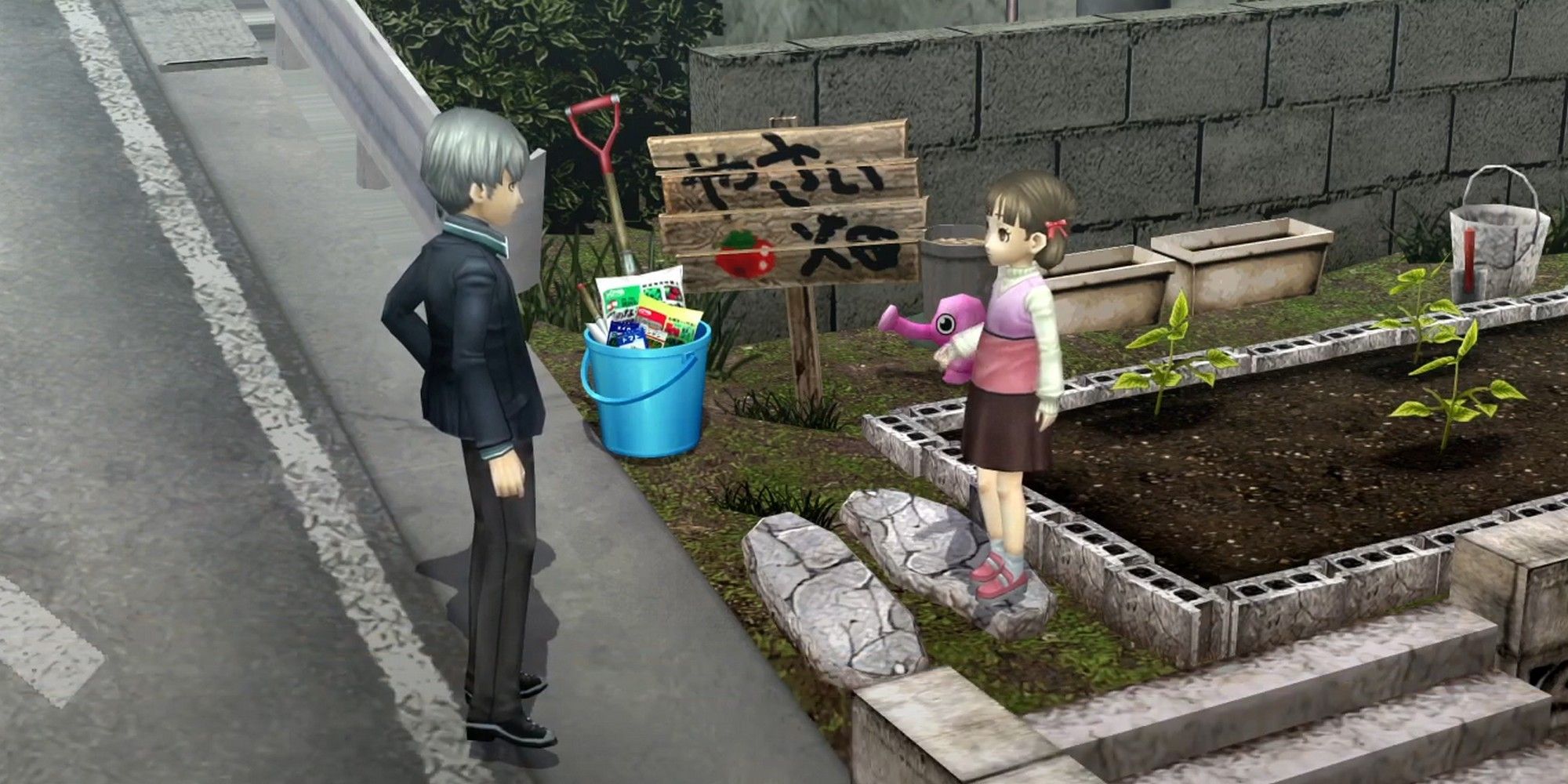 Yu and Nanako in front of their tomato plants in the garden in Persona 4 Golden