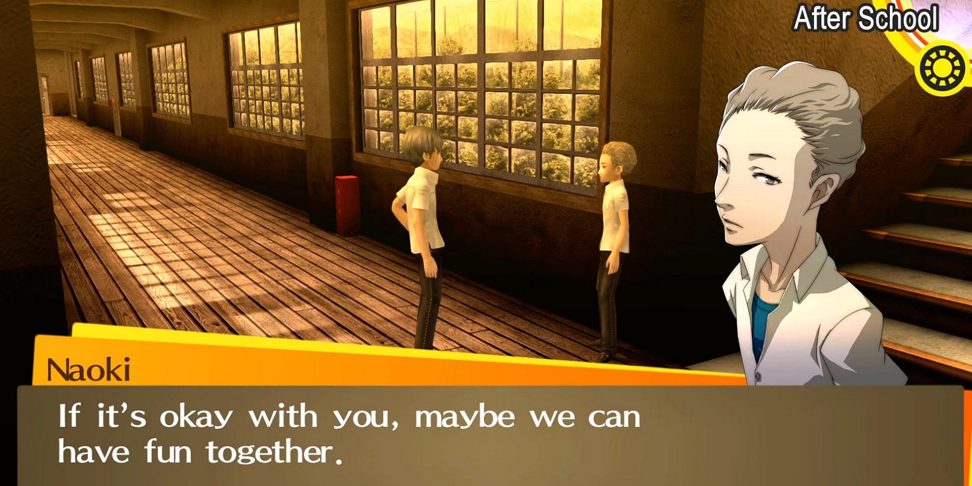 Yu and Naoki Konishi speaking at Yasogami High in Persona 4 Golden