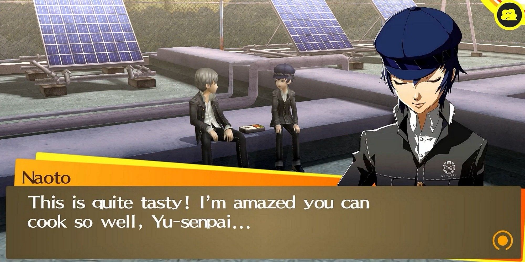 Yu and Naoto having a boxed lunch on the roof of Yasogami High in Persona 4 Golden