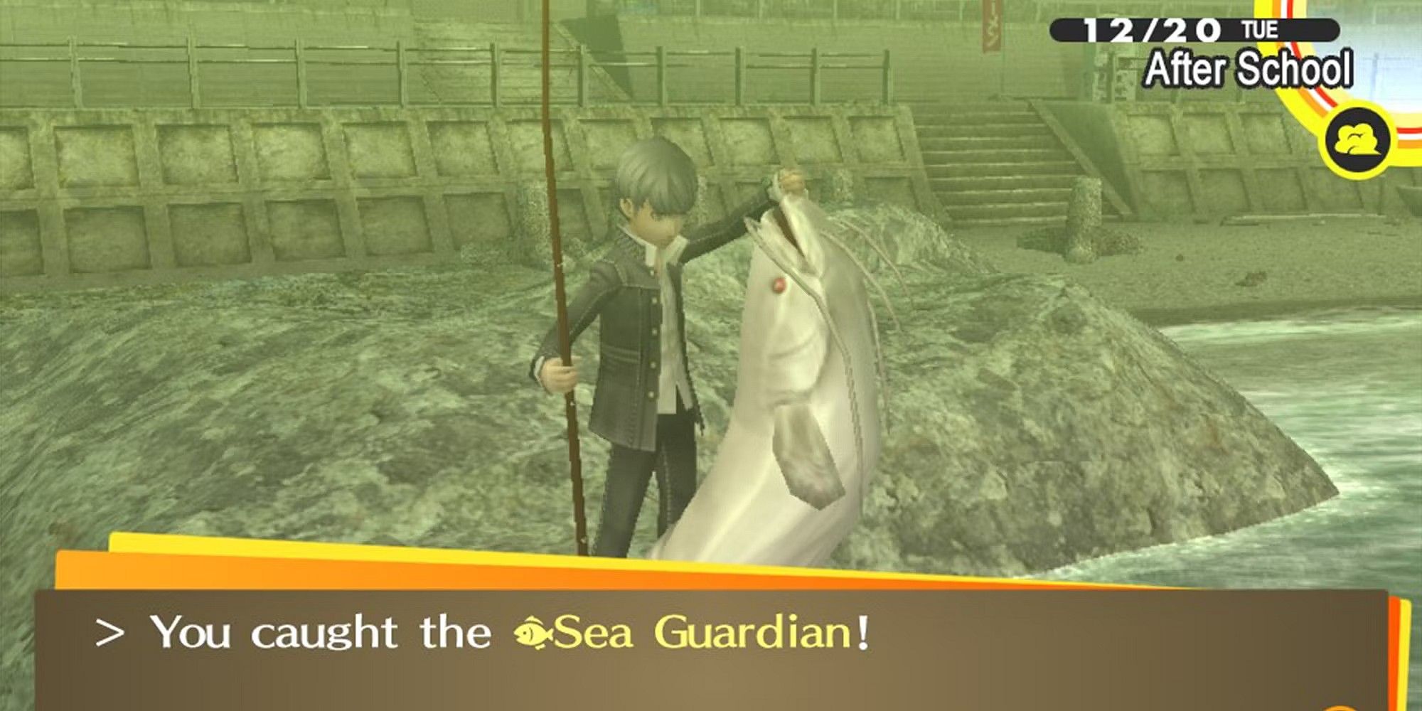 Yu catching the Sea Guardian at Shichiri Beach in Persona 4 Golden