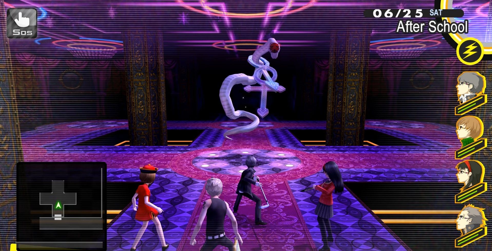 yu, chie, kanji, and yukiko about to fight amorous snake in persona 4 golden in the marukyu striptease dungeon rise's dungeon