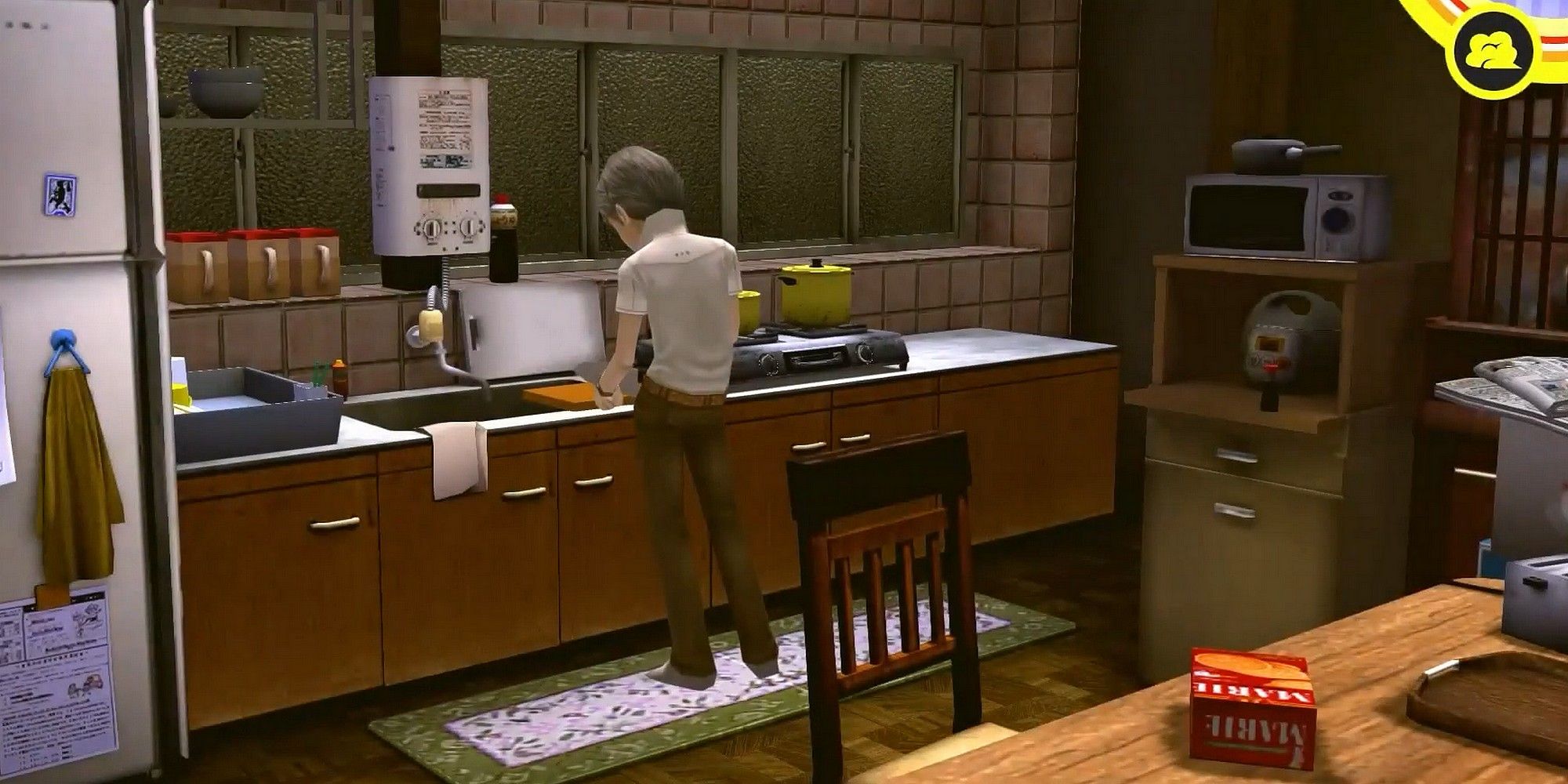 Yu cooking a boxed lunch at the Dojima Residence in Persona 4 Golden