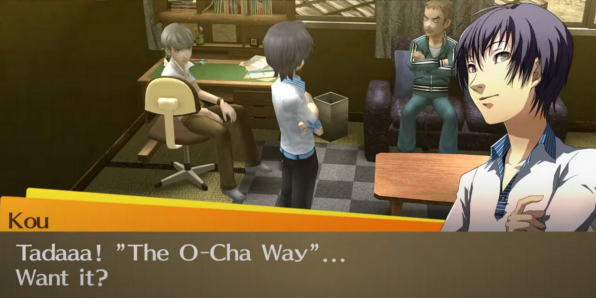 Yu, Daisuke, and Kou in Yu's room discussing The O-Cha Way in Persona 4 Golden