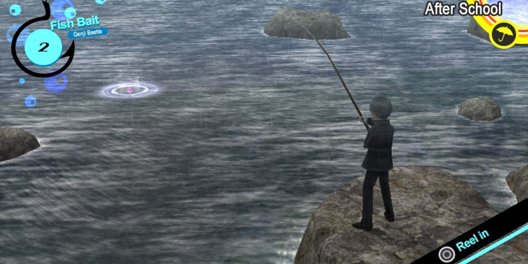 Yu fishing with a Genji Beetle in Persona 4 Golden