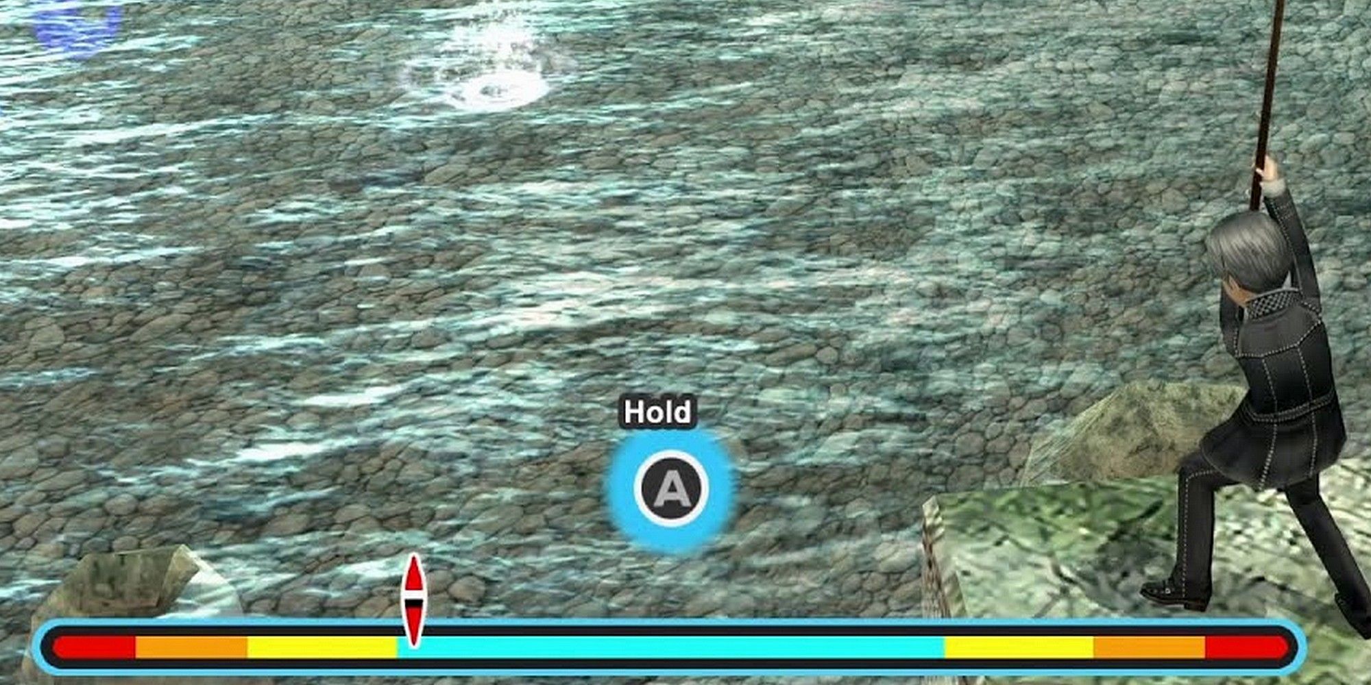 Yu fishing with Persona 4 Golden's Fishing Meter